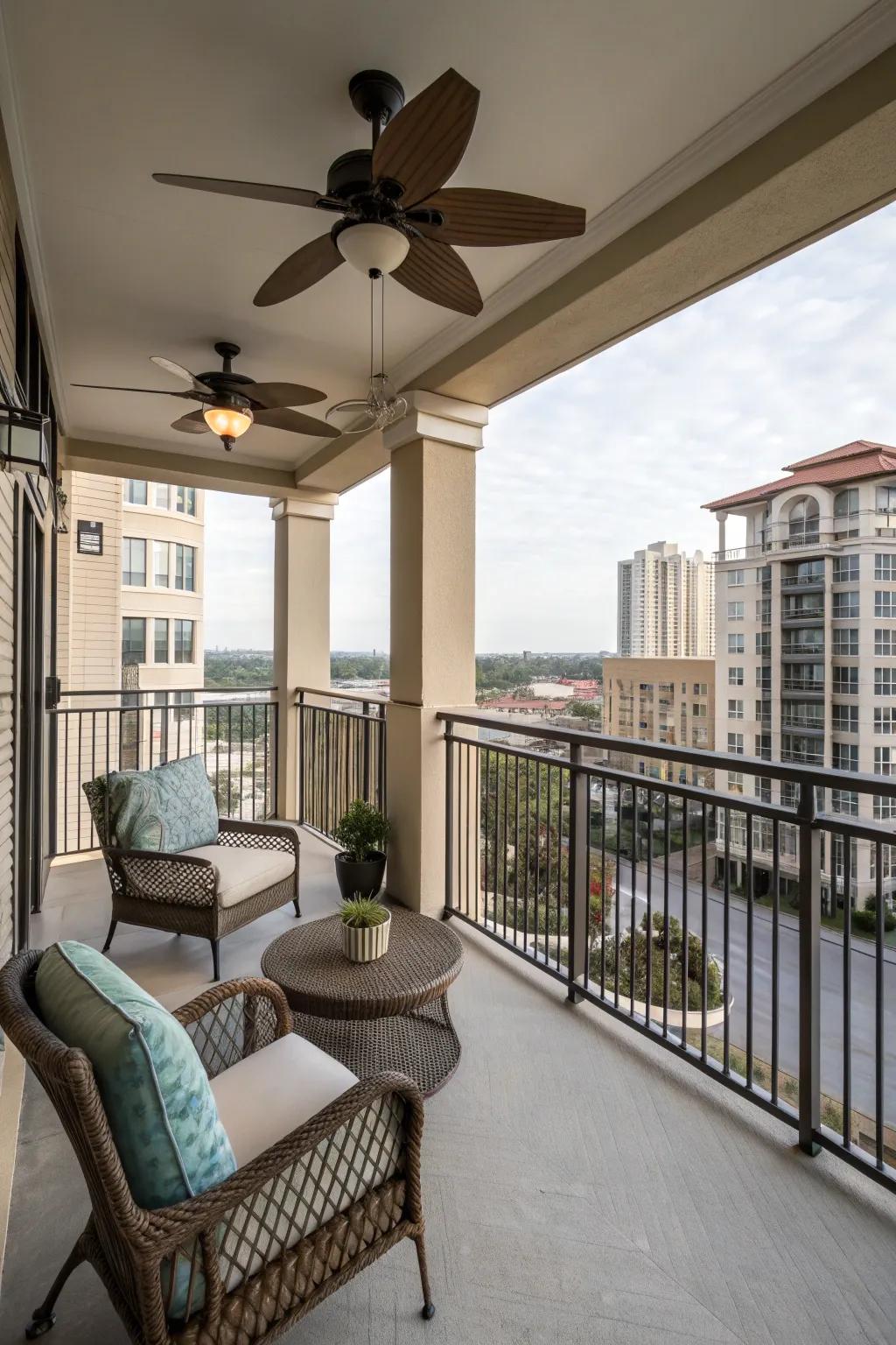 A ceiling fan adds comfort by providing a refreshing breeze on warm days.