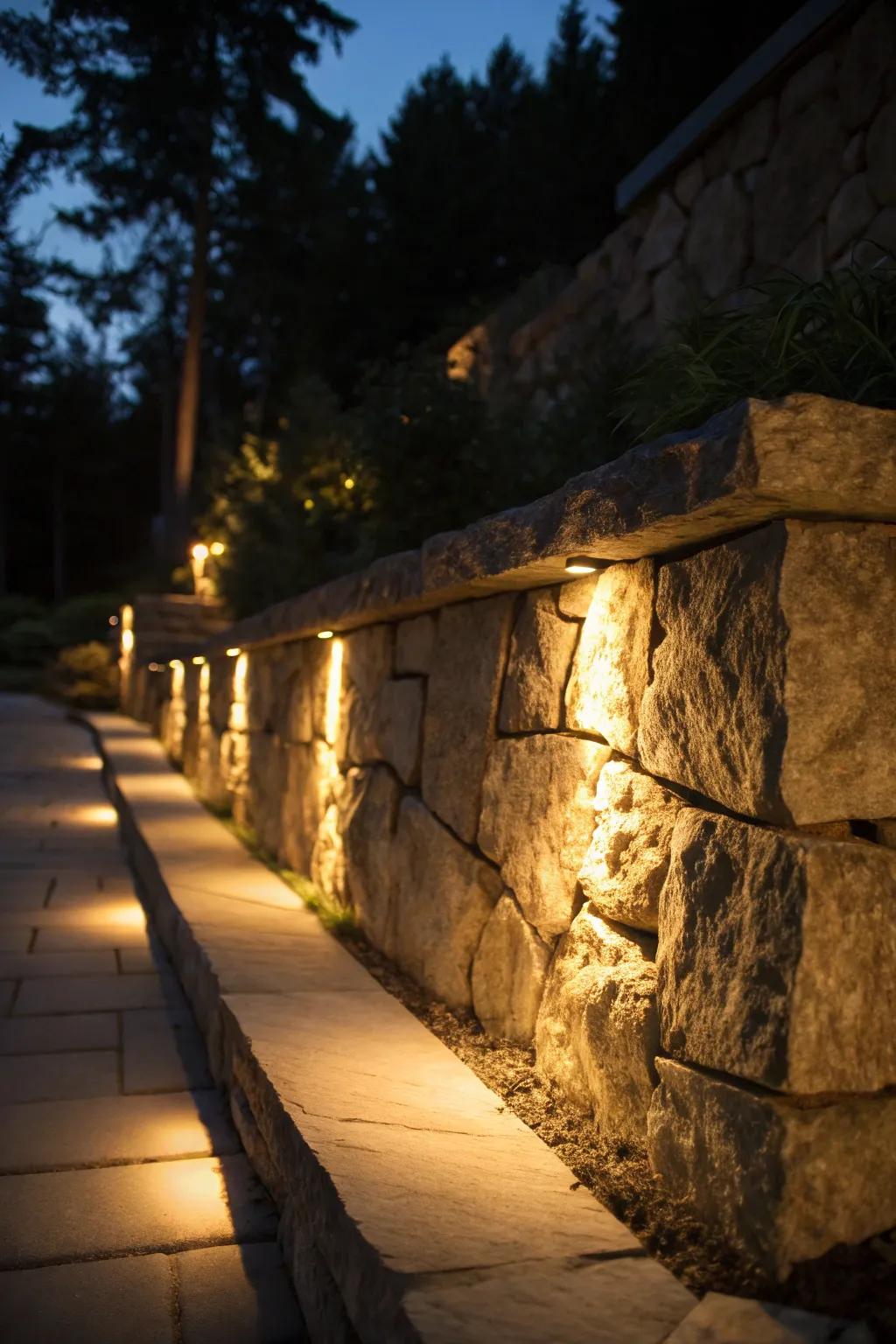 Subtle lighting transforms this boulder wall into a nighttime focal point.