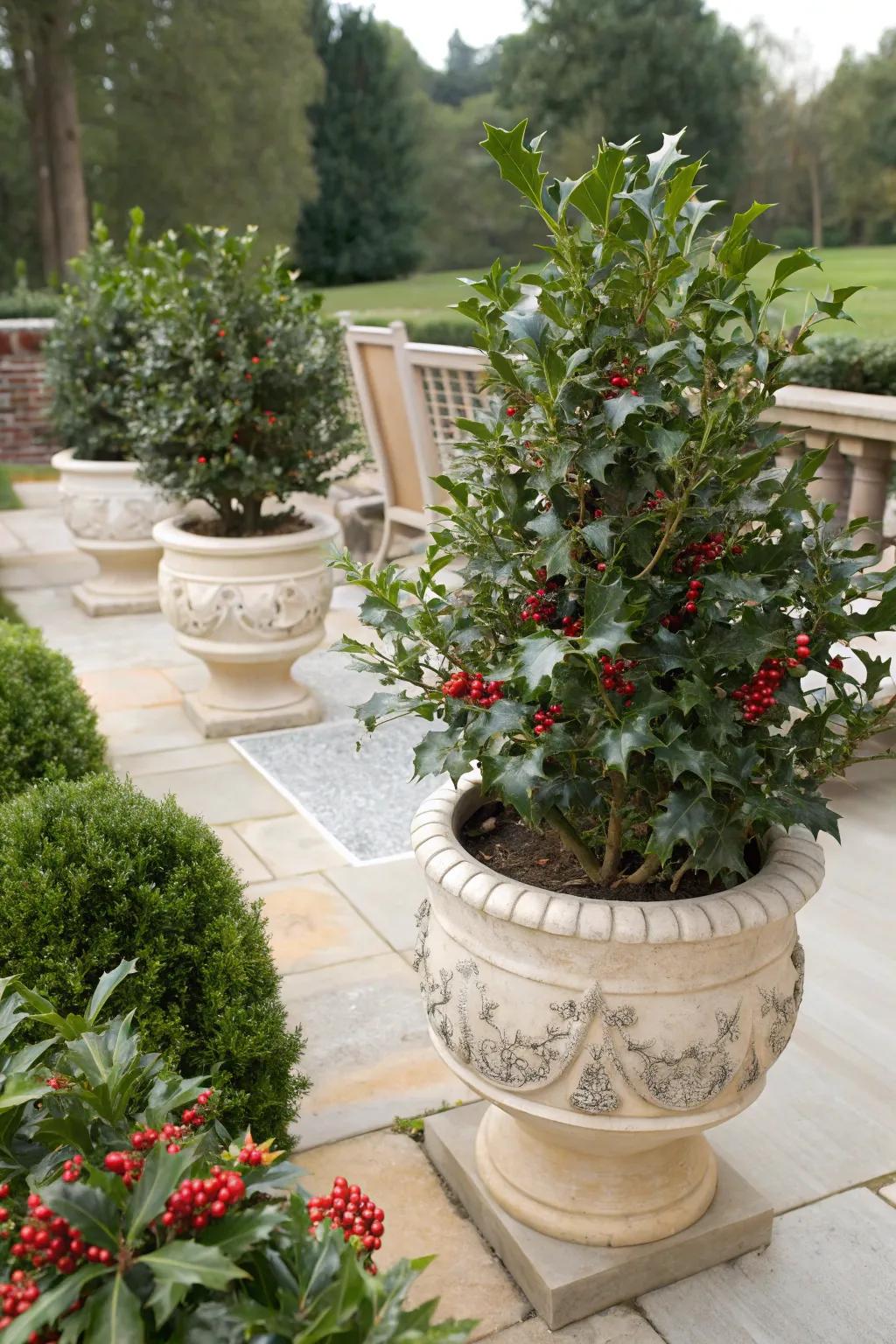 Holly bushes in containers for flexible garden design.