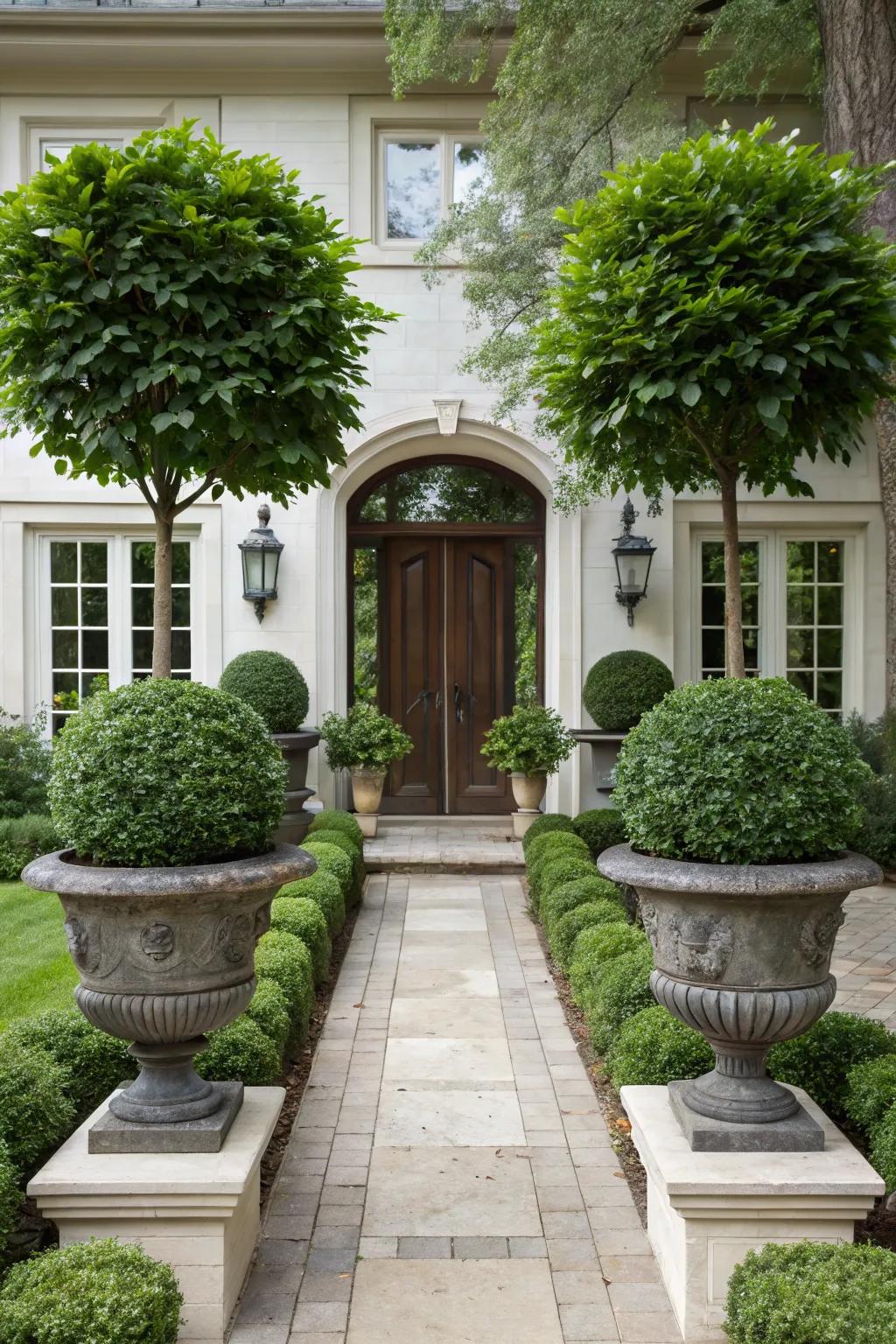 Symmetrical plant arrangements creating balance and harmony at the entrance.