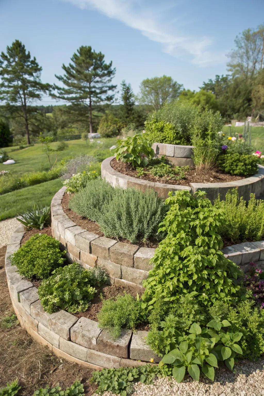 Herb spirals offer diversity in a small space.