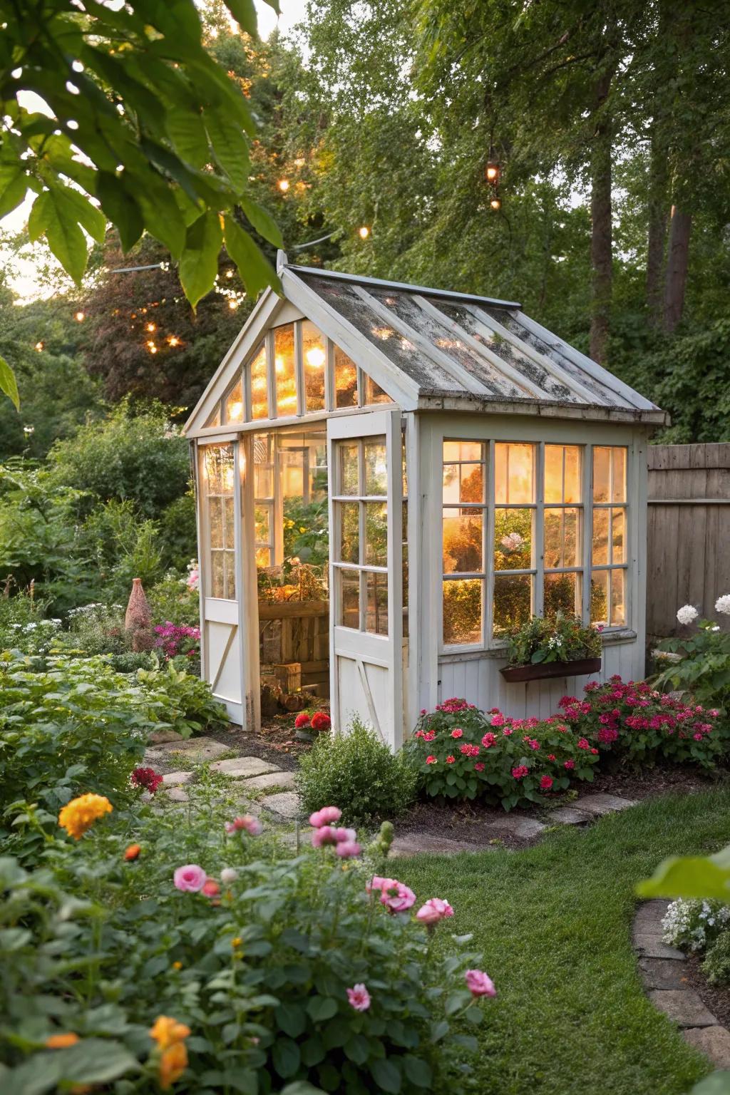 Plant paradise: A charming greenhouse made from recycled materials.