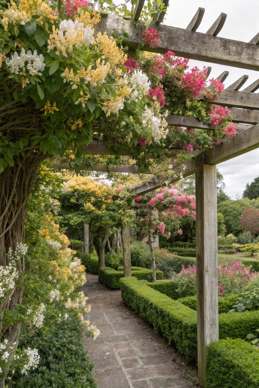 A pergola with seasonal honeysuckle varieties, ensuring blooms throughout the year.