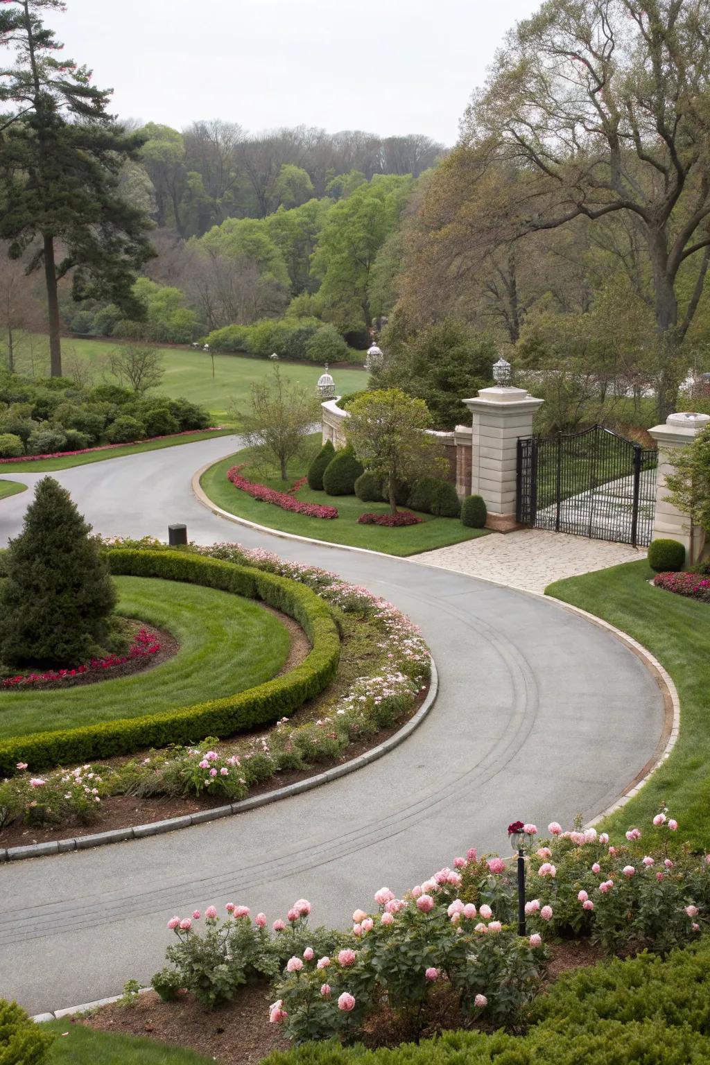 A vibrant circular garden feature in a horseshoe driveway.