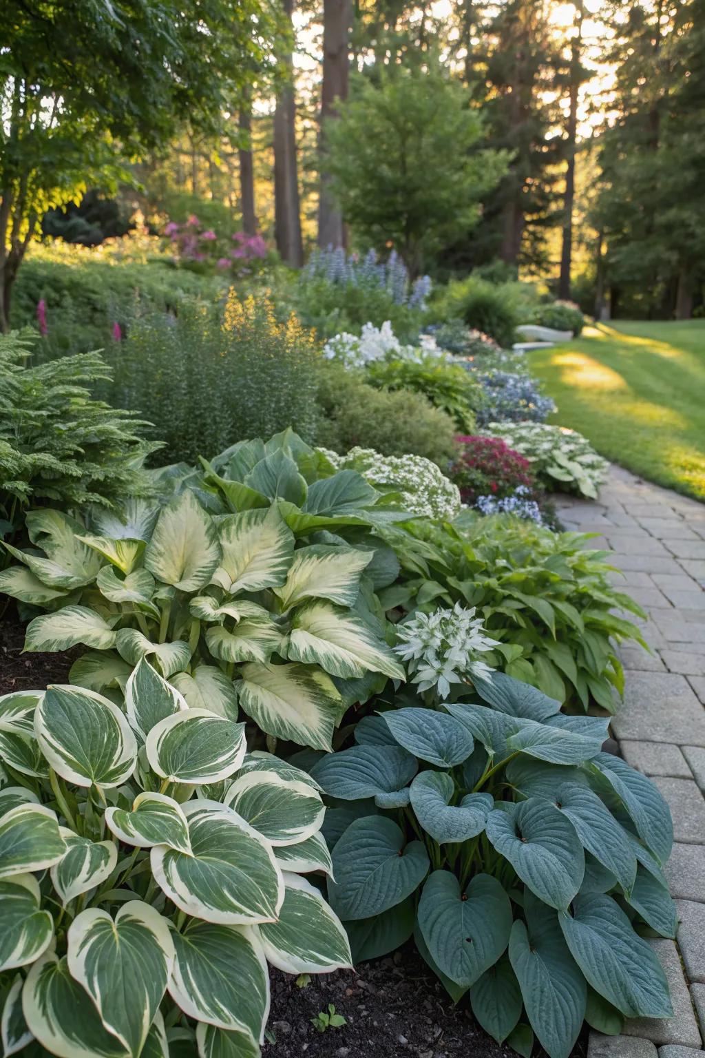 Unusual hosta varieties serve as striking focal points in the garden.