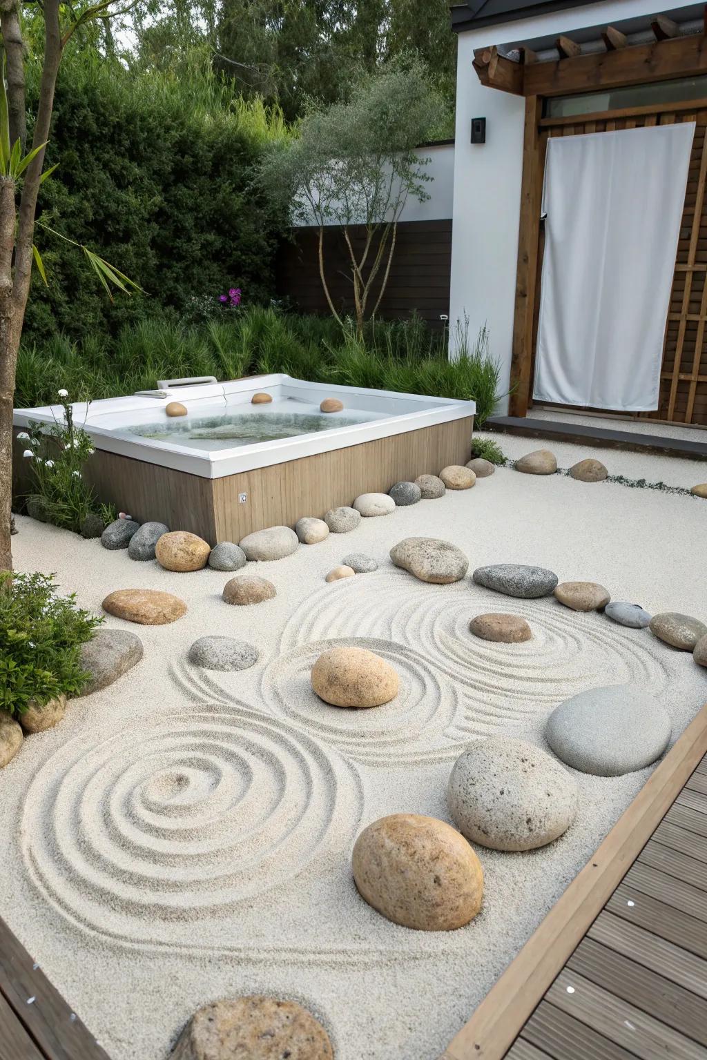 Zen garden elements create a peaceful and tranquil atmosphere.