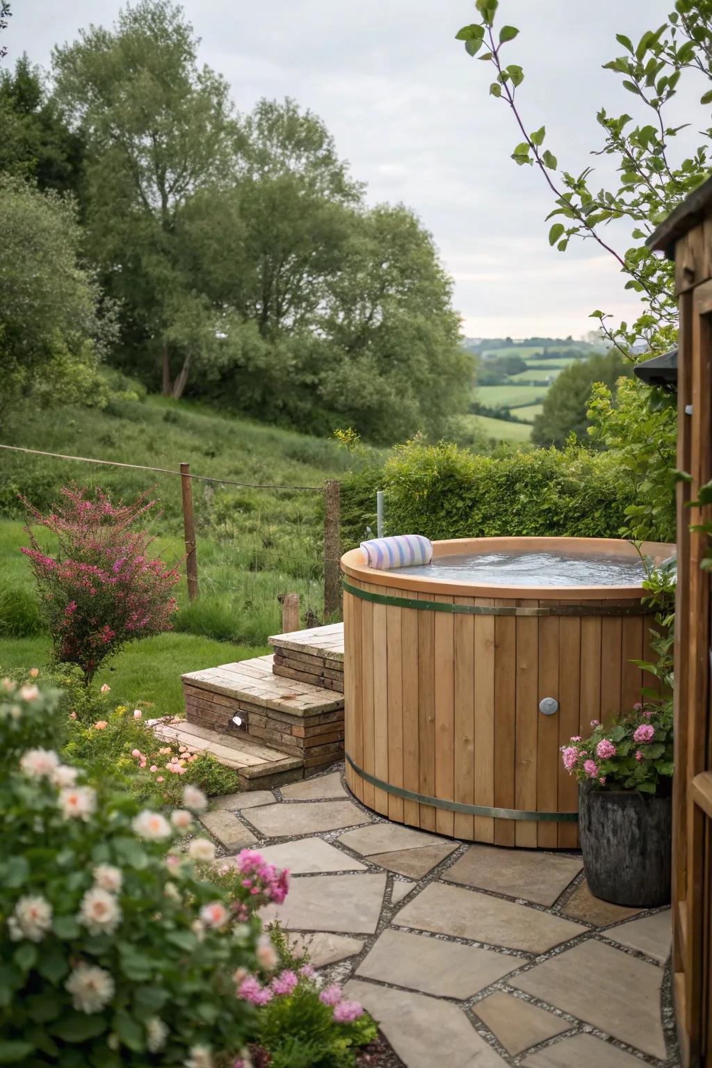 Wooden cladding adds a rustic touch to your hot tub design.