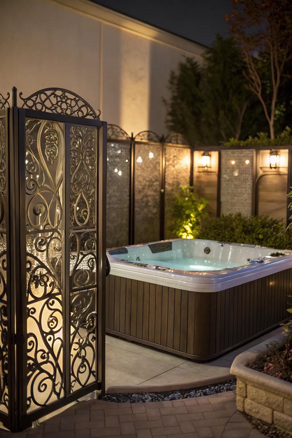 Decorative screens provide privacy and style for this hot tub area.