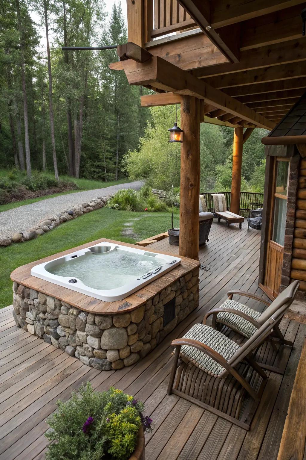 Embrace rustic charm with a blend of wood and stone.