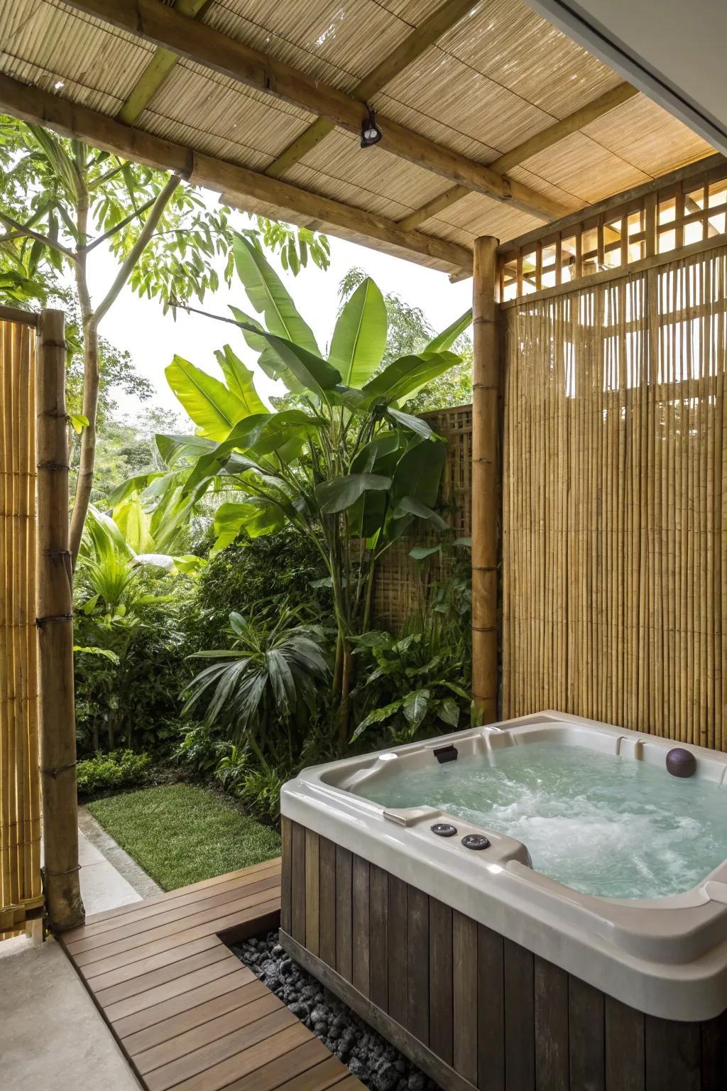 Bamboo screens add a tropical touch and provide shade.