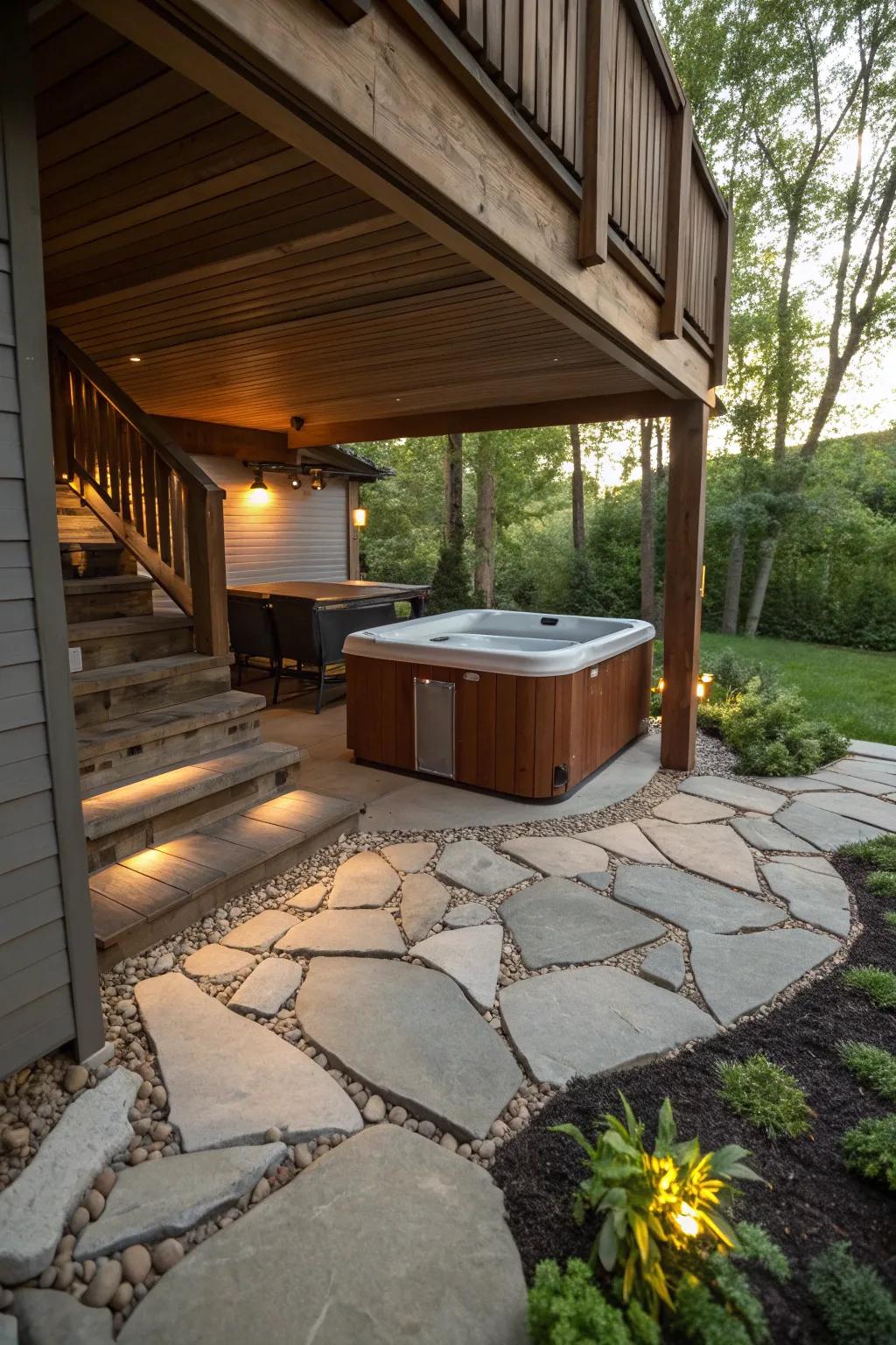 Stone and wood combine to create an elegant hot tub space.