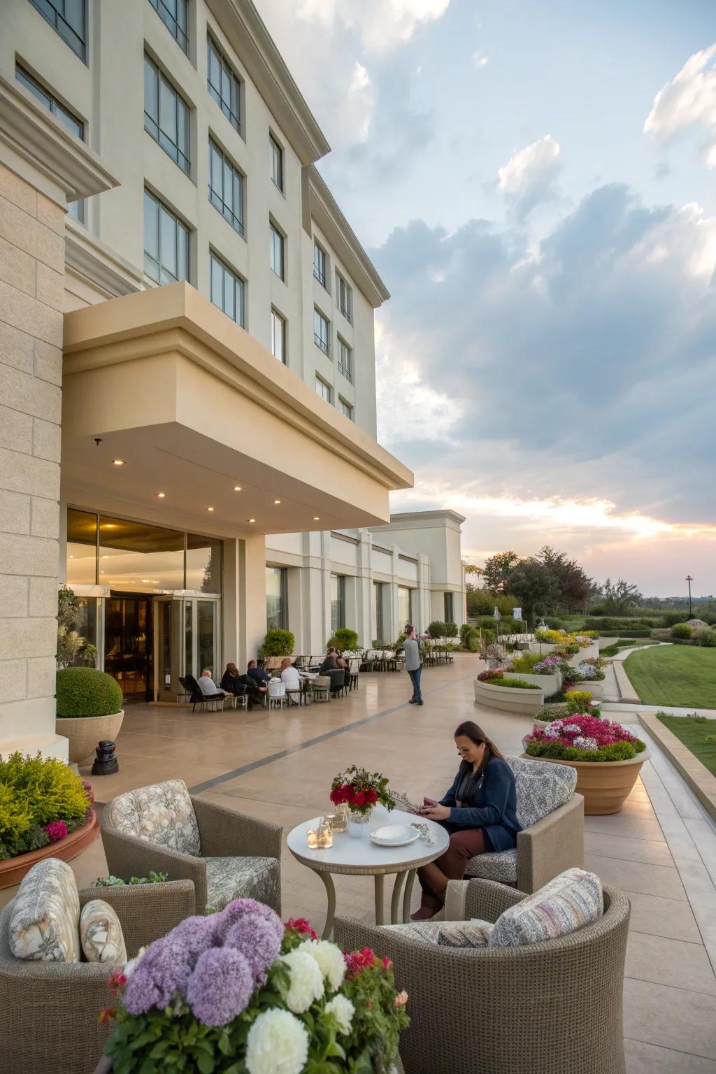 Cozy outdoor seating invites guests to enjoy their surroundings.