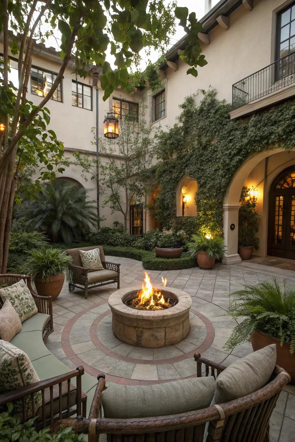 A fire feature offers warmth and ambiance in your courtyard.