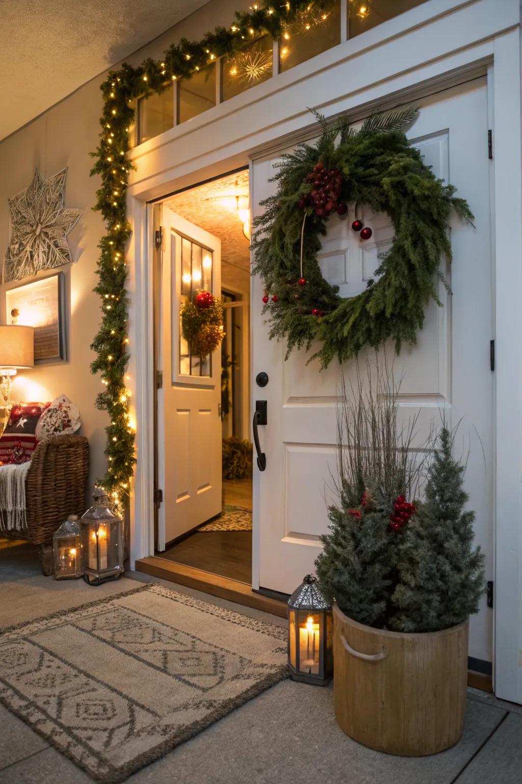 Seasonal decor brings a fresh and festive touch to the entryway.