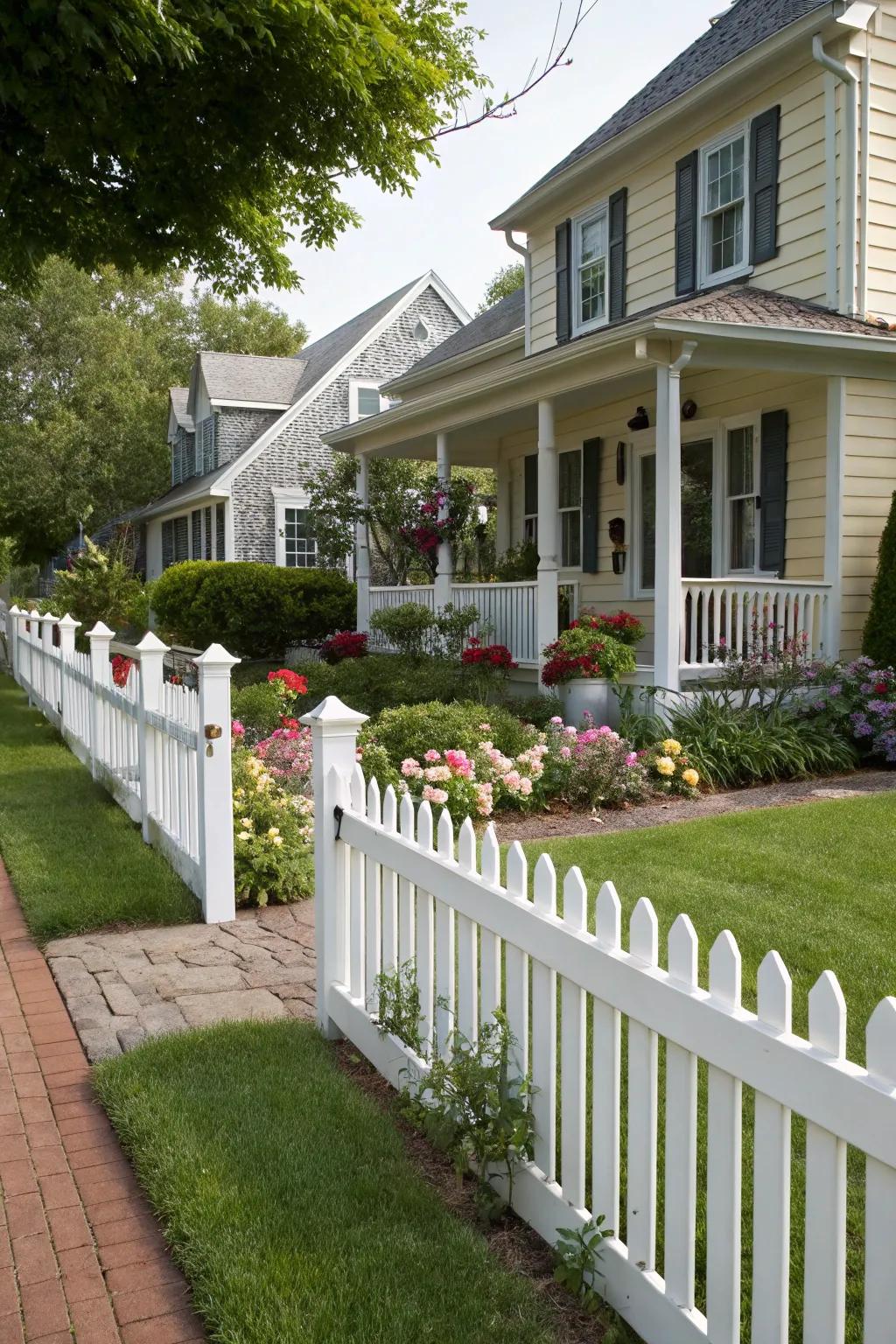 A white picket fence enhances charm and adds a welcoming feel.