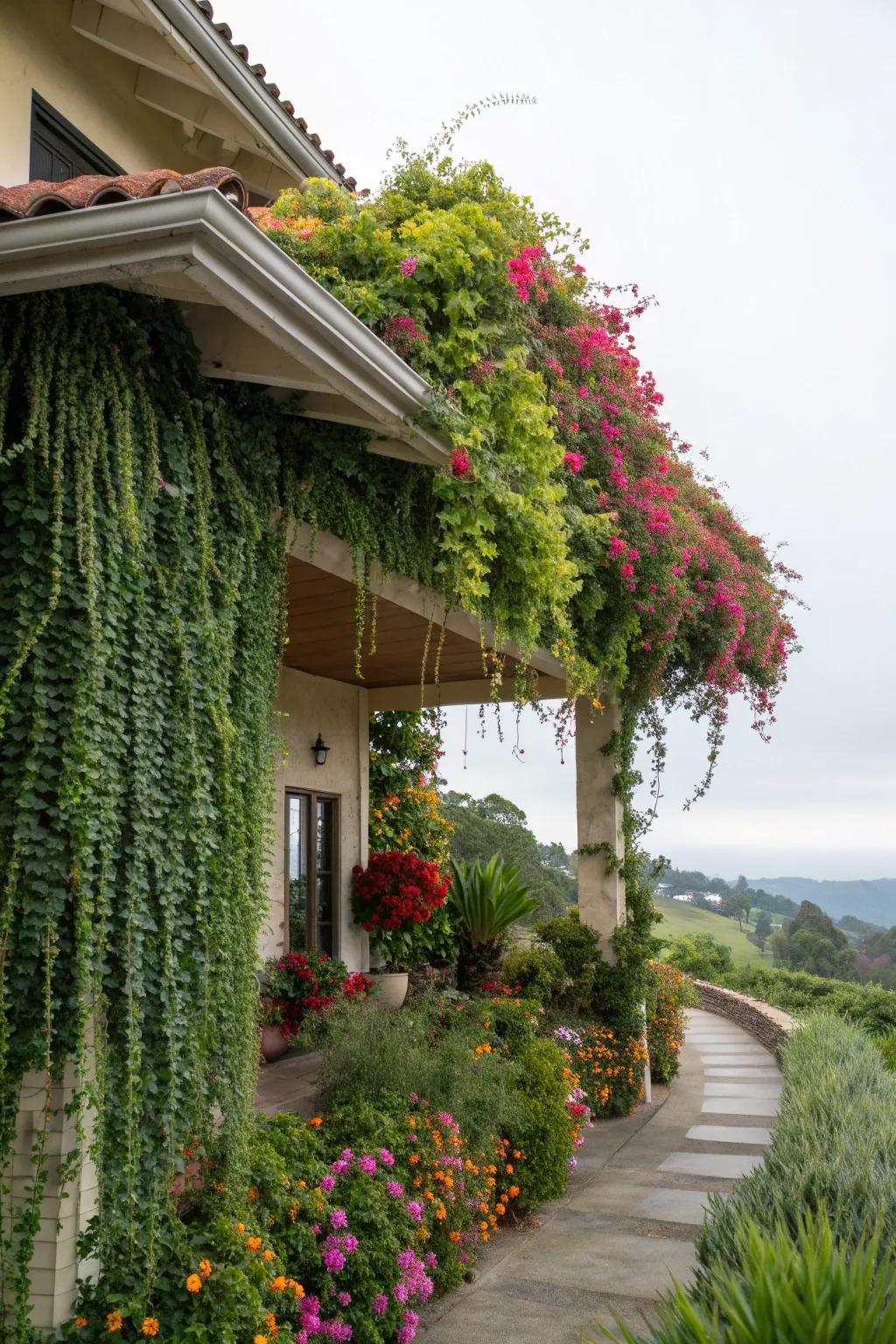 A vibrant overhang enhanced with beautiful hanging plants.