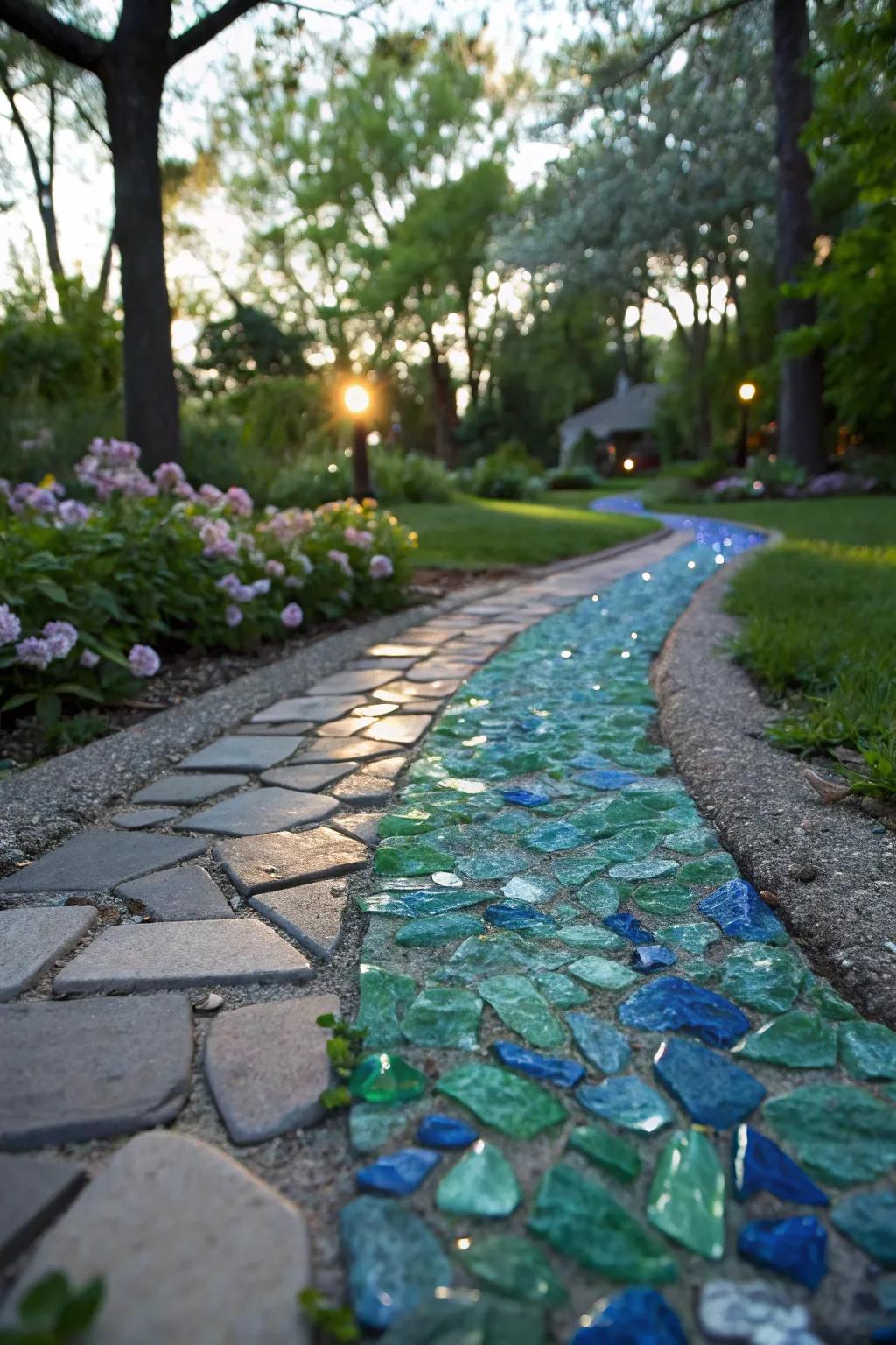A recycled glass pathway glimmers in the sunlight, adding sparkle to the garden.