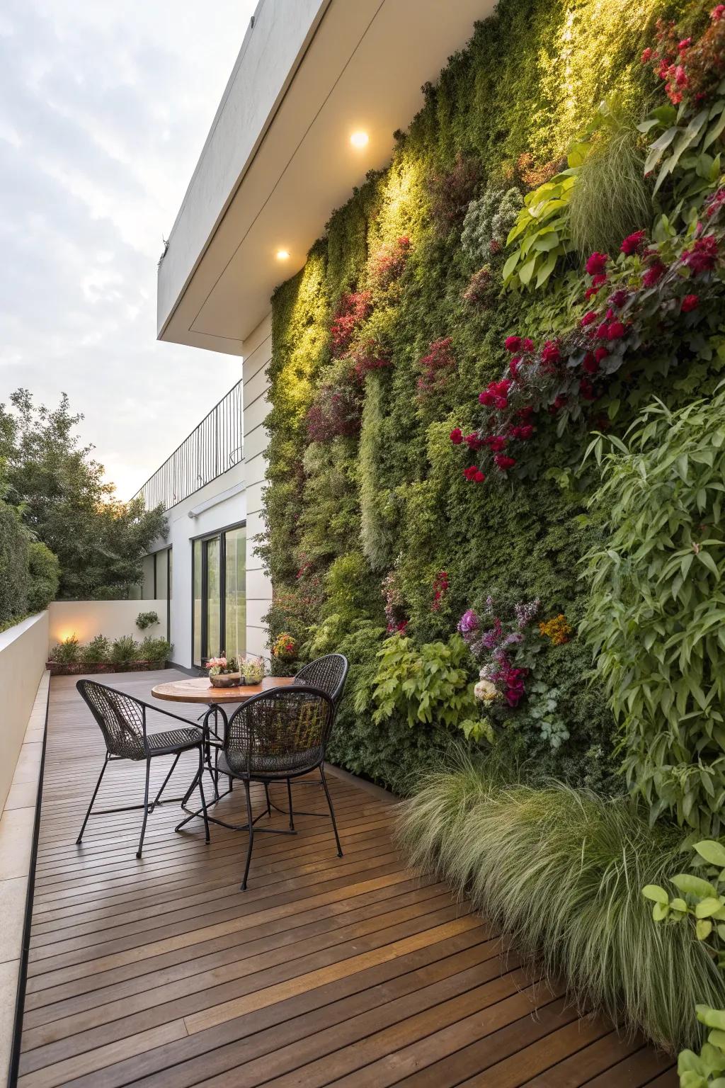 A vertical garden brings lush greenery to the patio.