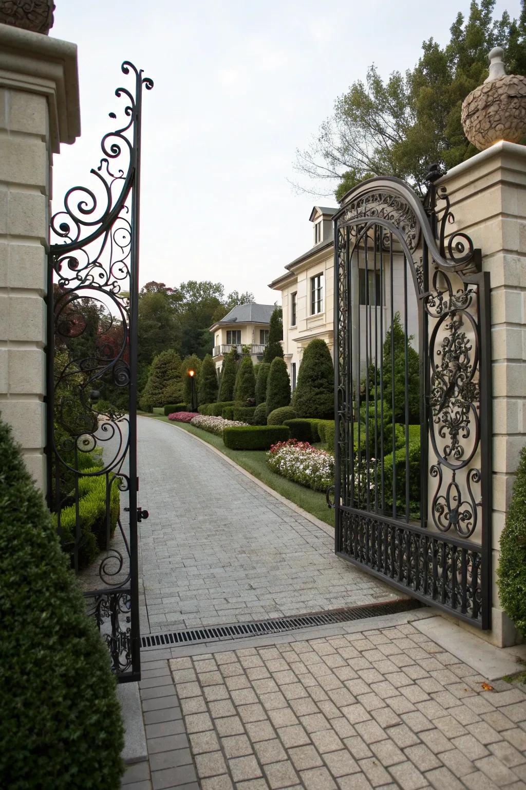 Elegant wrought iron gates enhancing security and curb appeal.