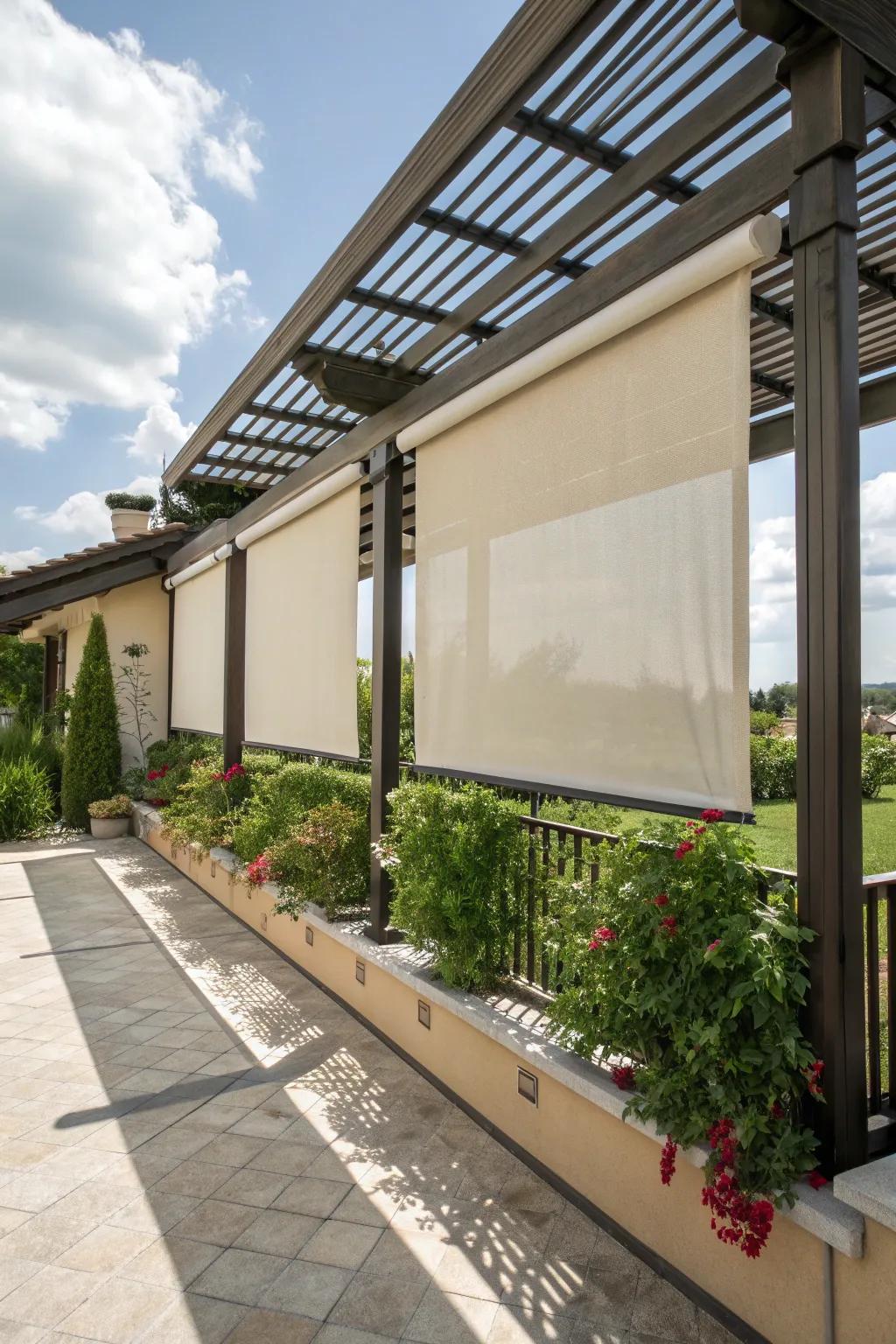 Stylish roller shades mounted on a pergola for optimal sun protection.