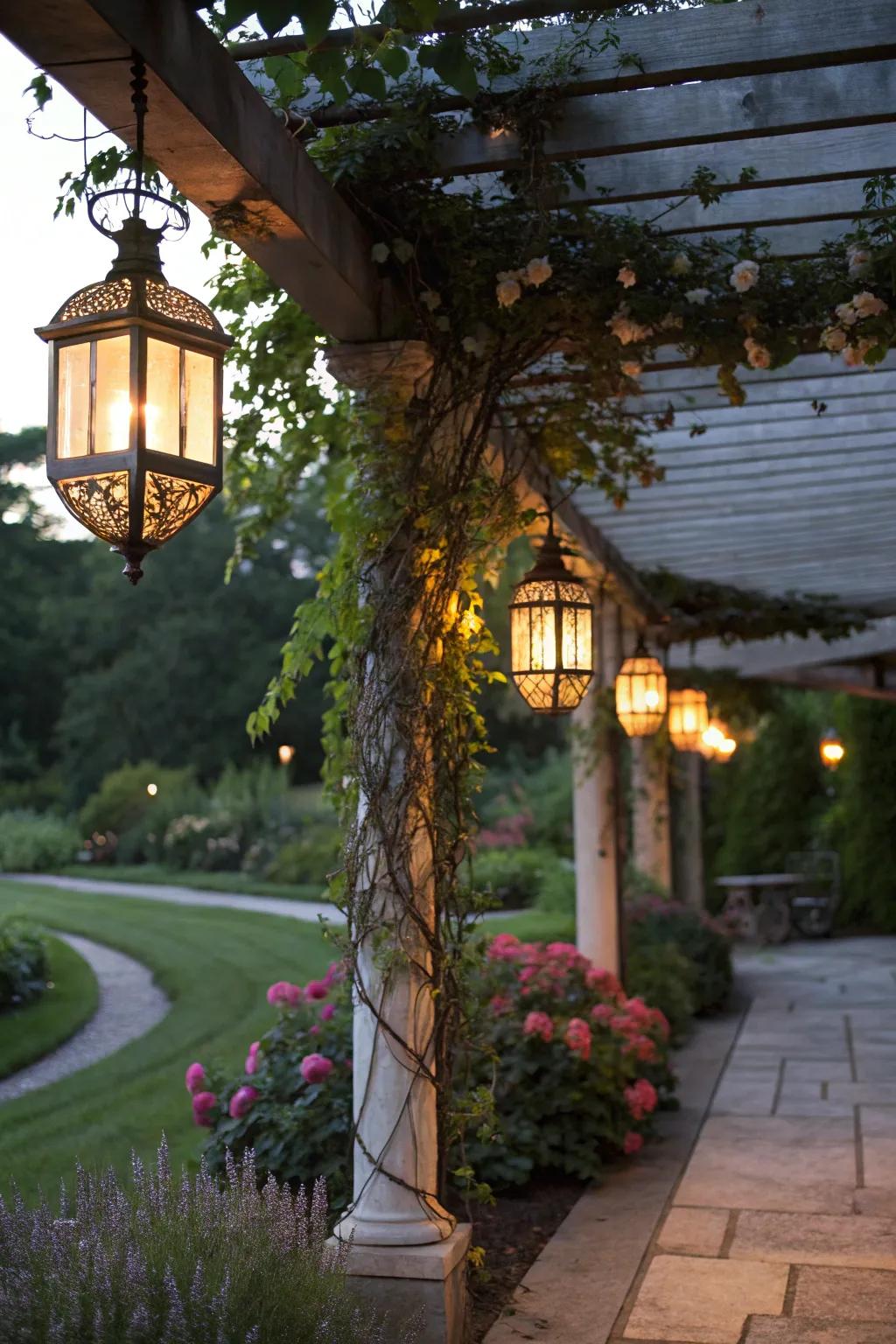 Hanging lanterns create a warm glow.