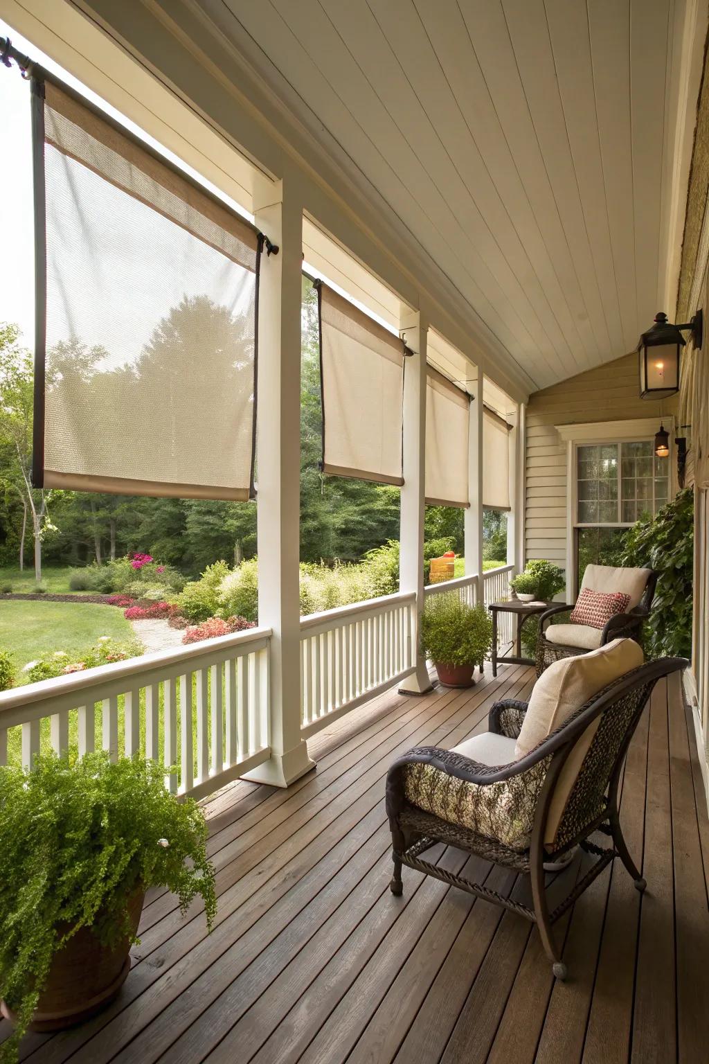 A porch with retractable screens for adaptable outdoor enjoyment.
