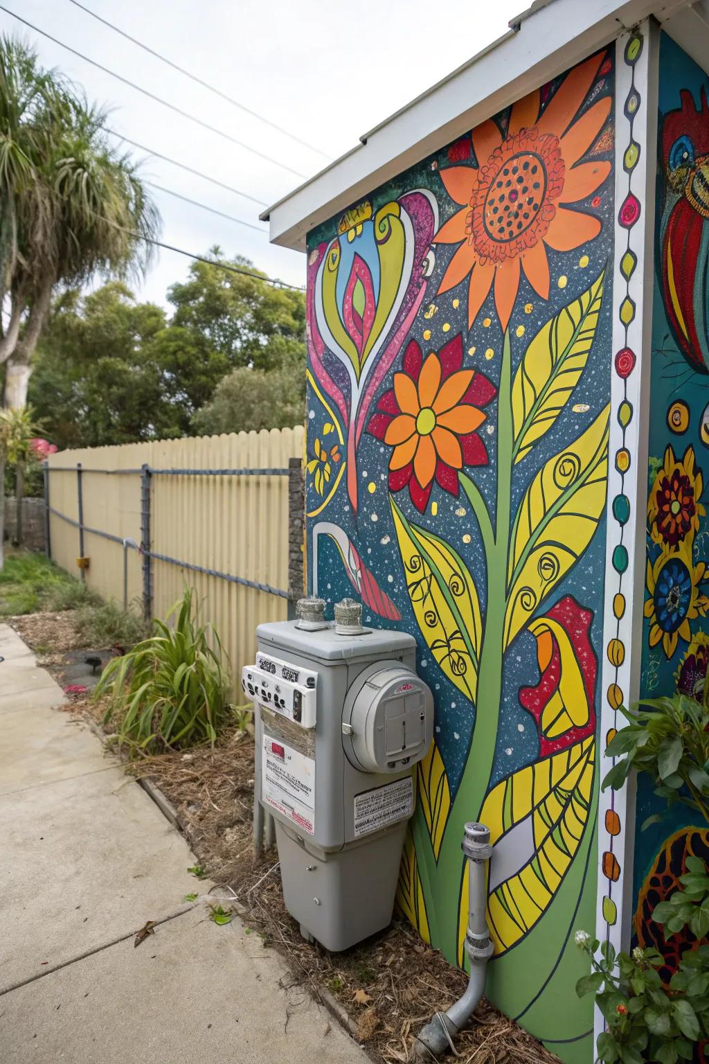 A painted mural can creatively camouflage a gas meter.