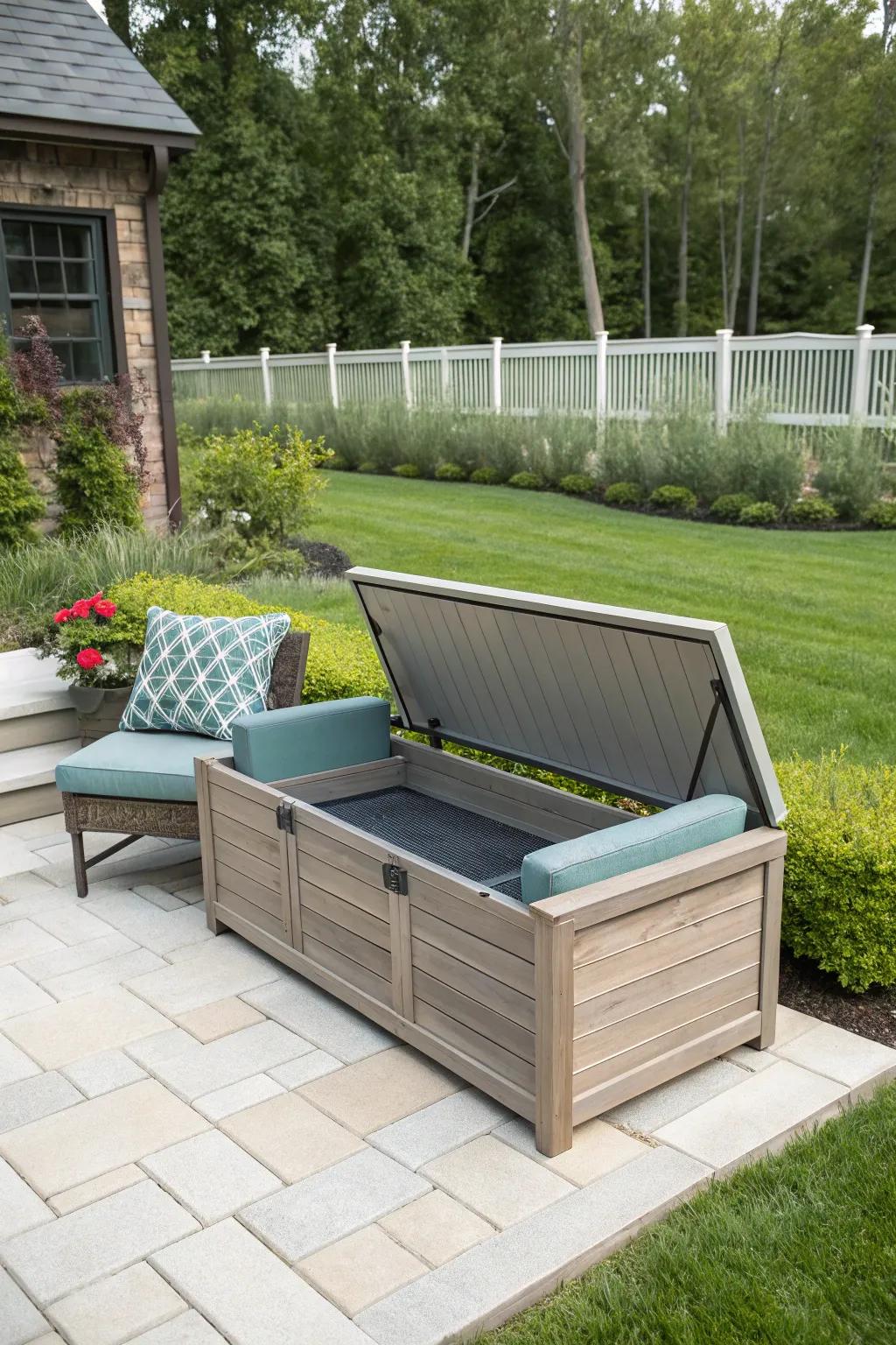 Storage benches offer hidden storage and seating by the pool.