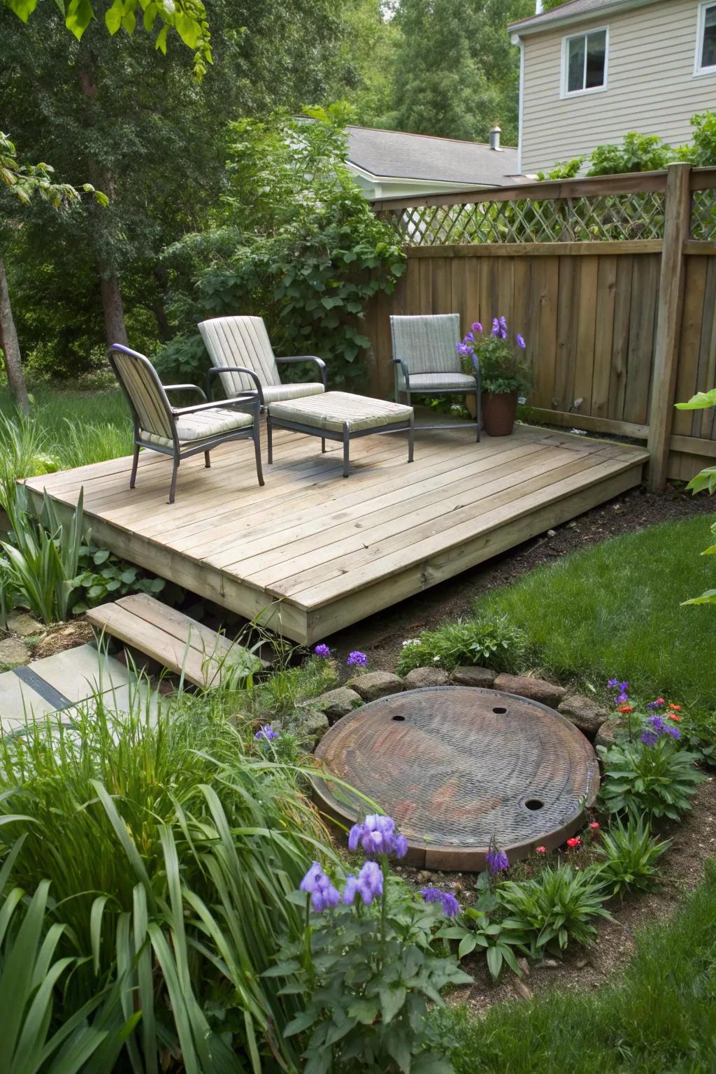 A mini deck can serve dual purposes: hiding a riser and offering a place to relax.