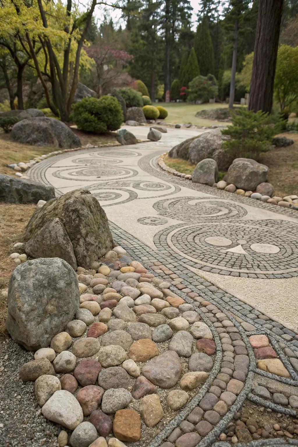 A detailed rock mosaic adds an artistic touch to the garden.