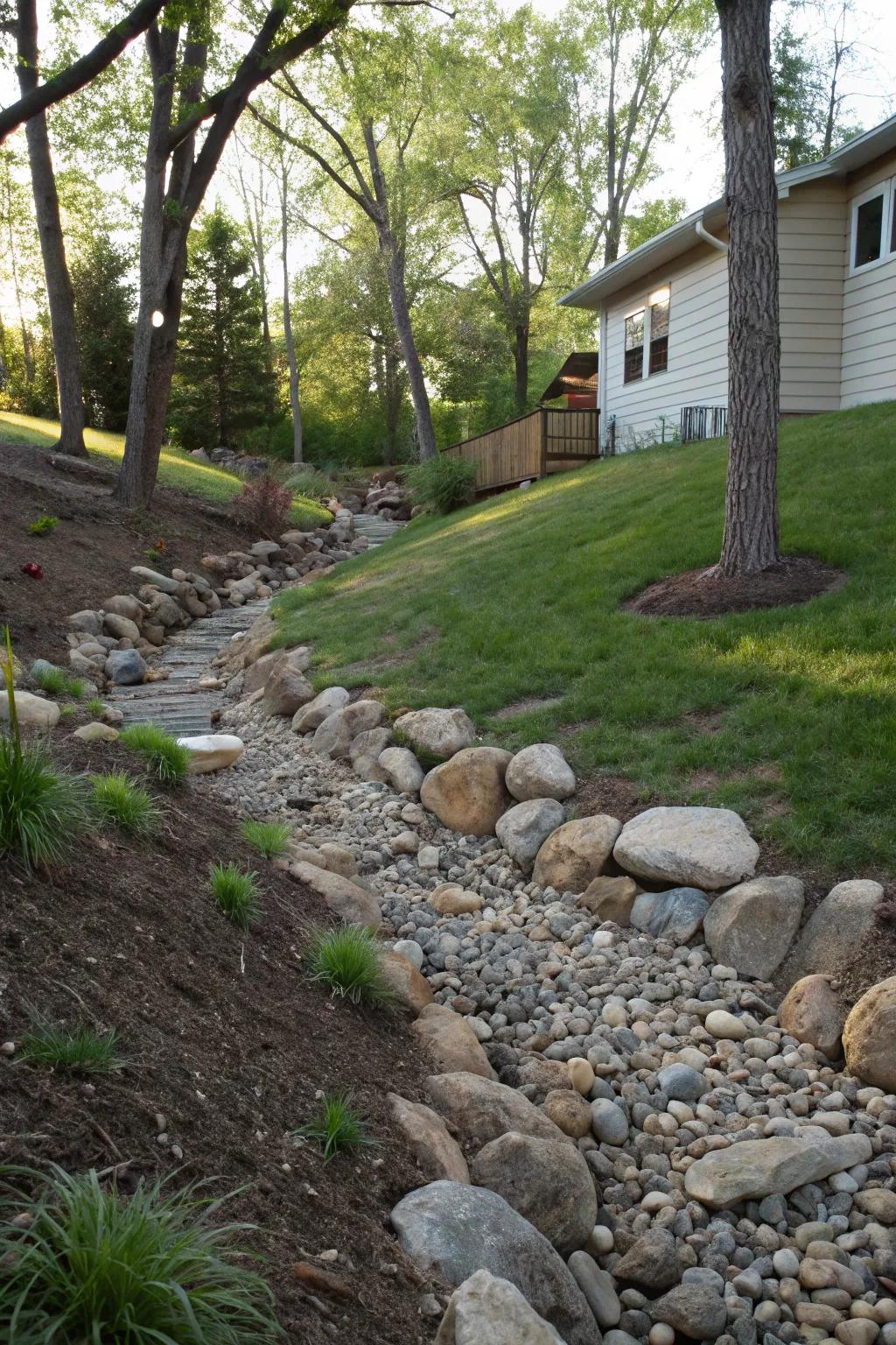 A sloped yard with a beautiful dry creek bed that channels water away.