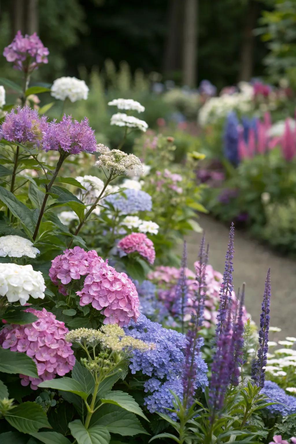 A mixed flower bed with hydrangeas offers a dynamic and colorful display.