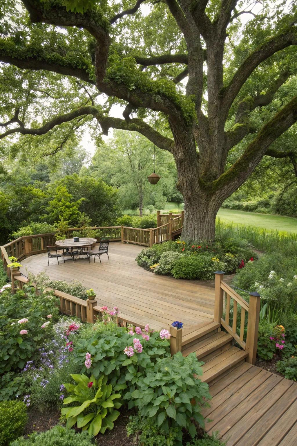 A garden deck beautifully designed around a majestic tree.