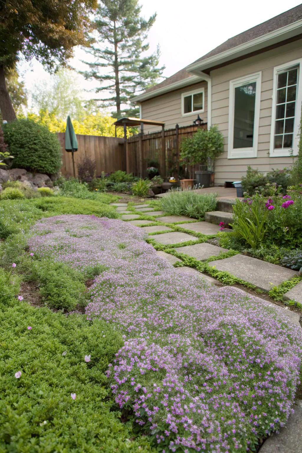 Creeping thyme providing both beauty and flavor as an edible ground cover.