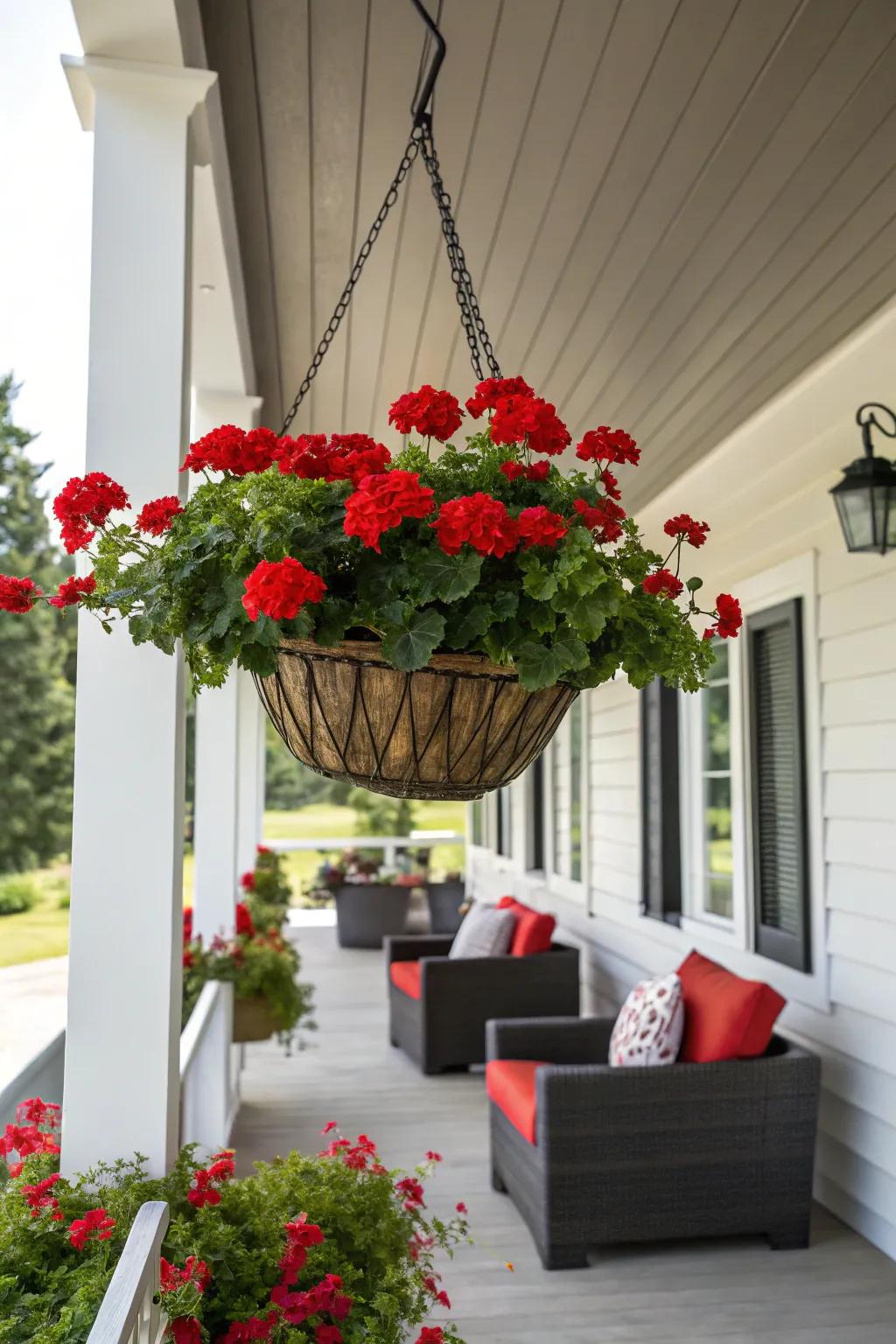 Dramatic red geraniums for bold flair.