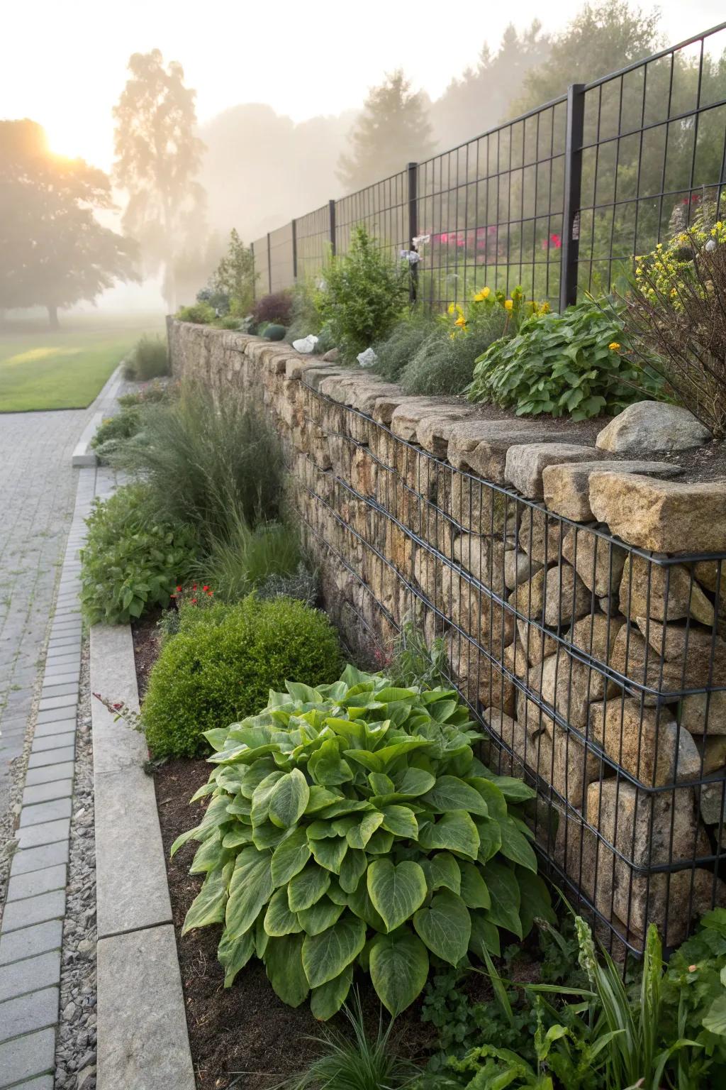 Gabion walls offer a modern, industrial edge for gardens.