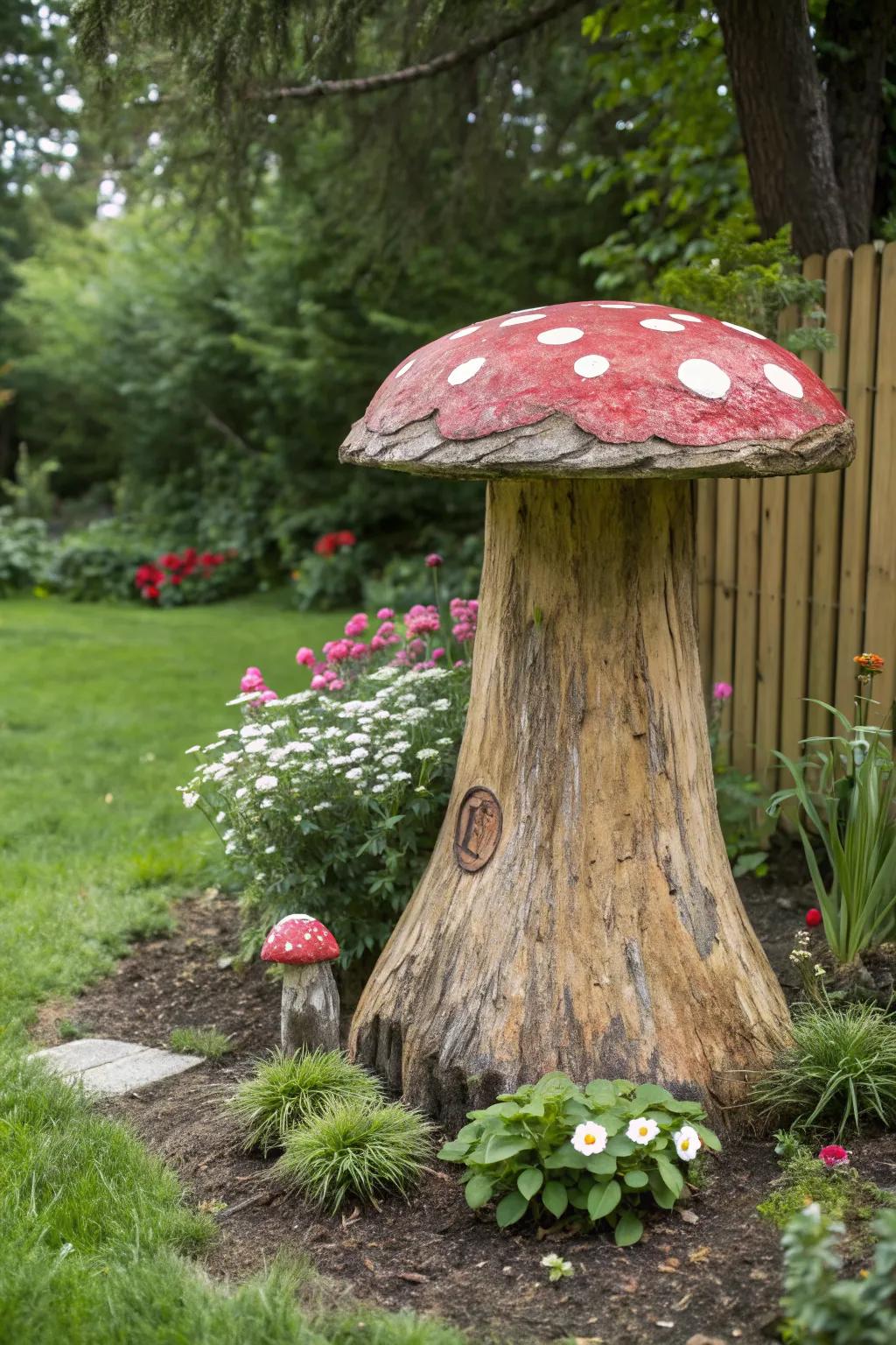 A tree stump delightfully painted as a mushroom seat.
