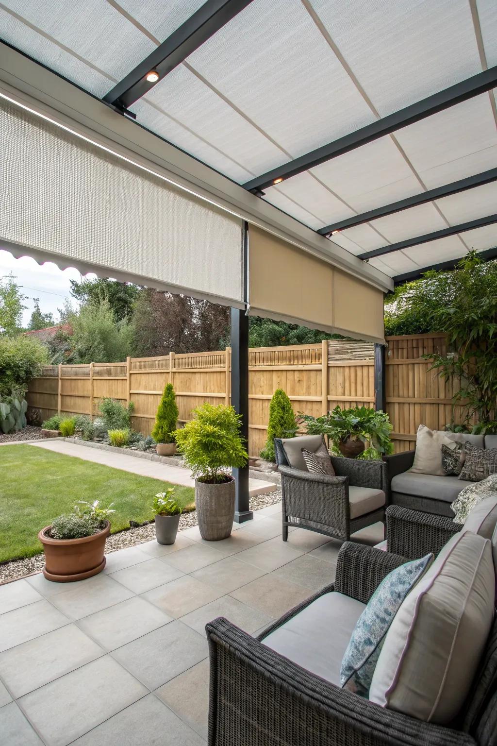 An enclosed patio with versatile outdoor blinds.