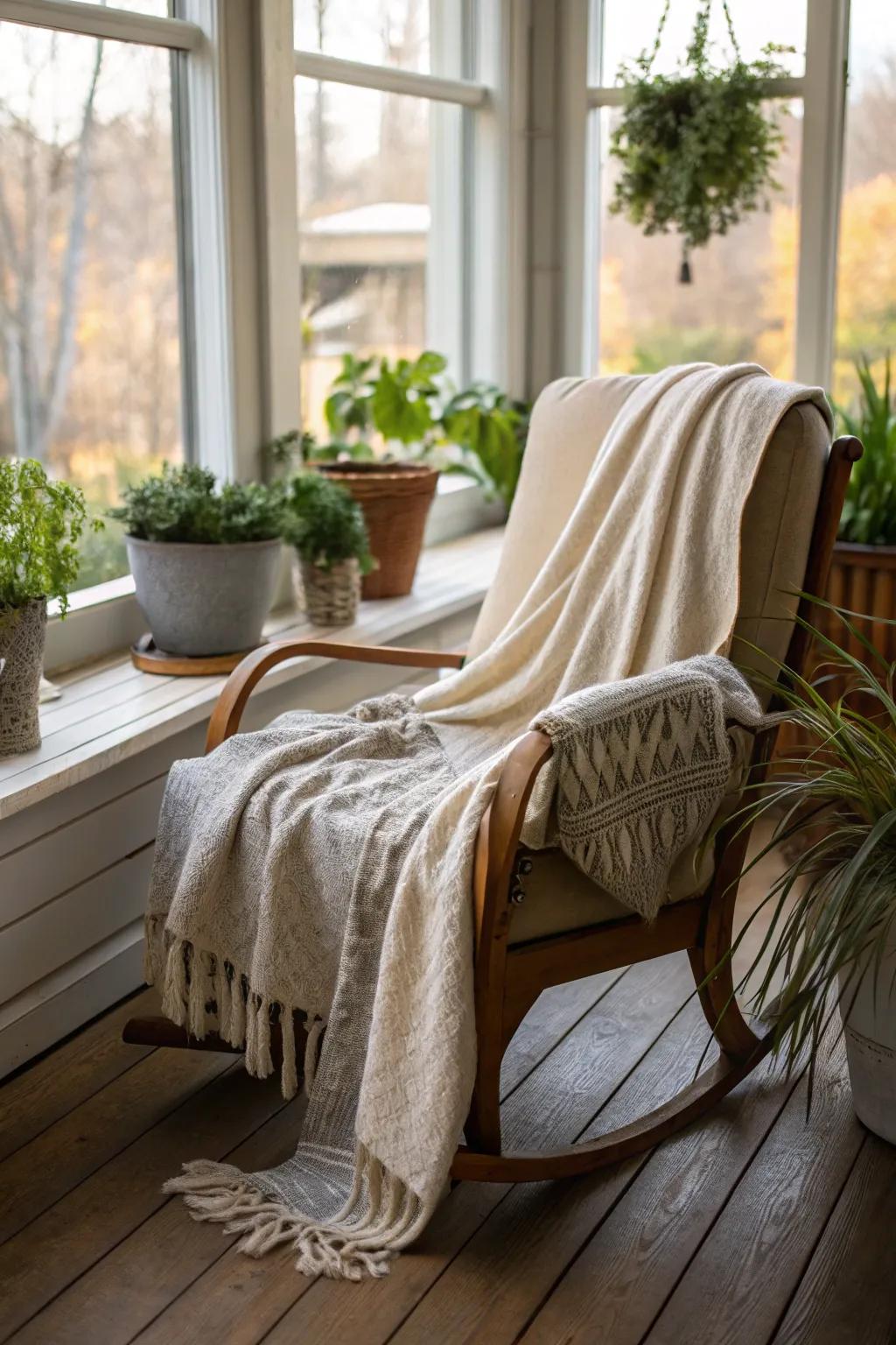 A soft throw on a chair adds instant coziness to your porch.
