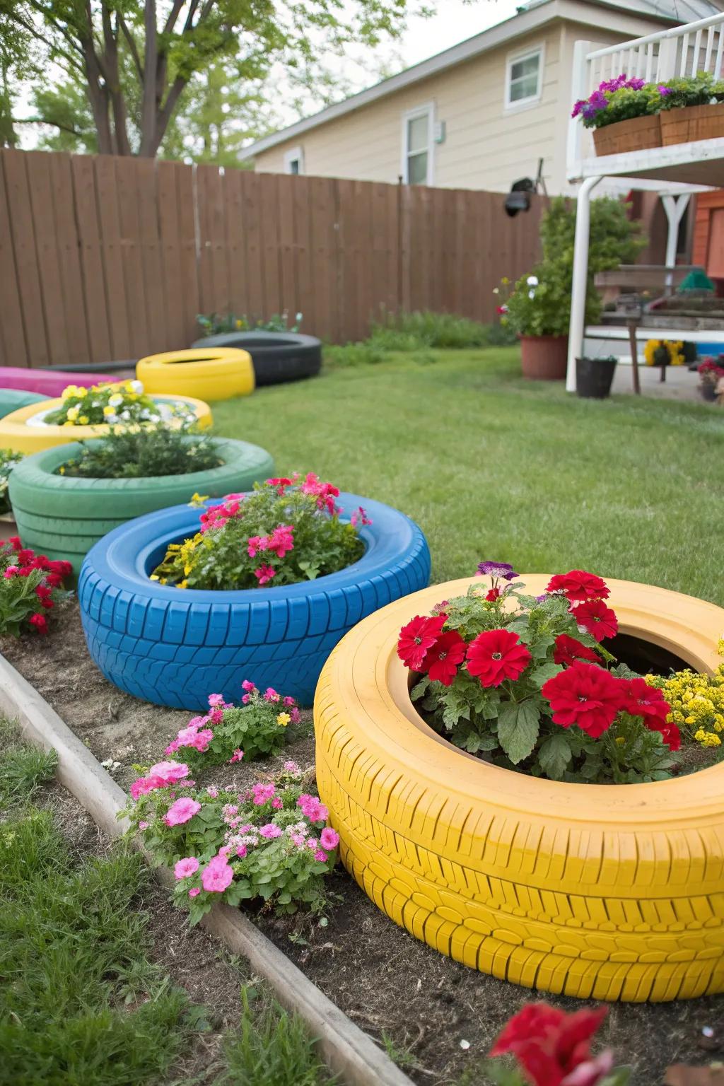 Tire planters bring color and life to any garden.