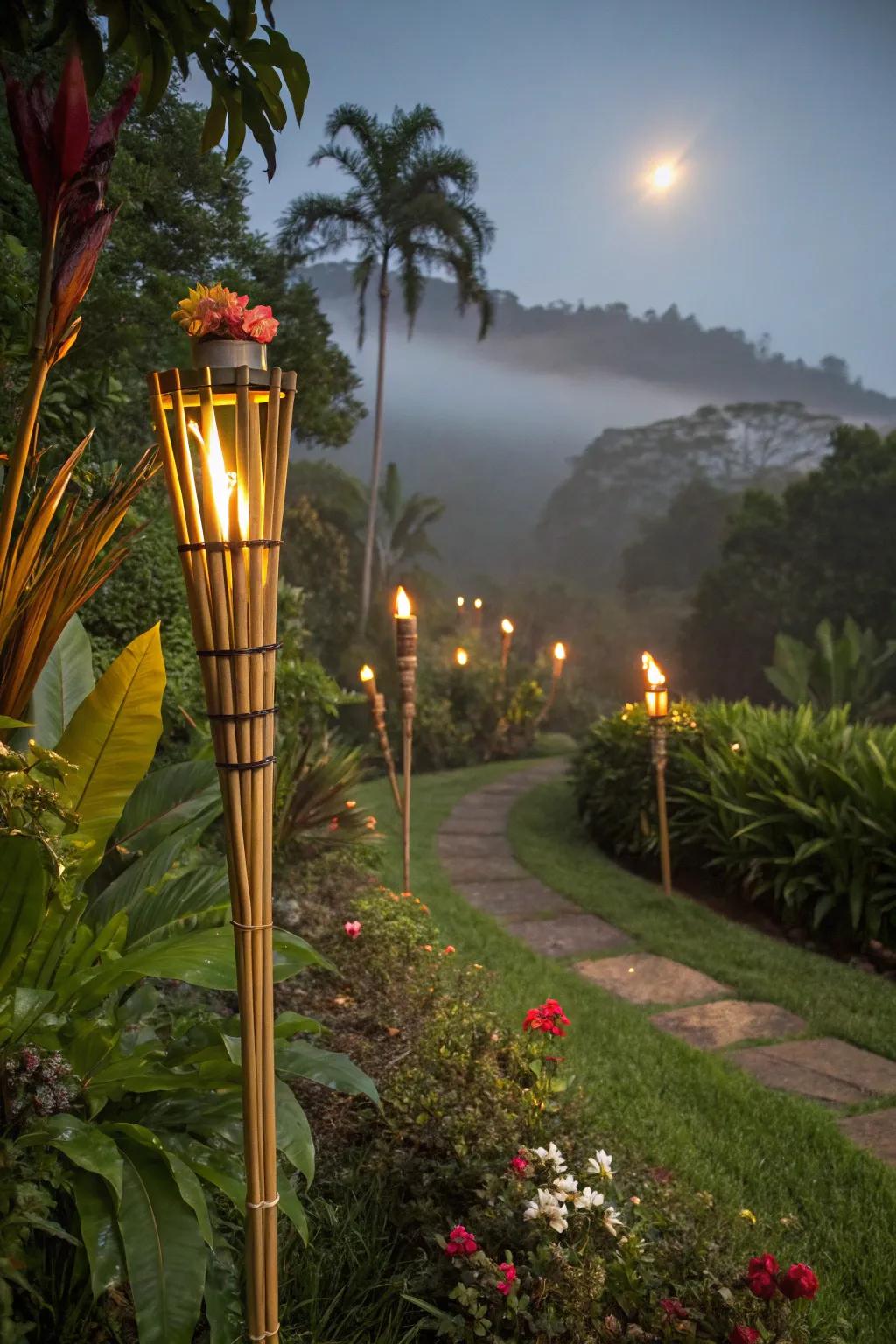 Bamboo torches infuse gardens with exotic vibes.