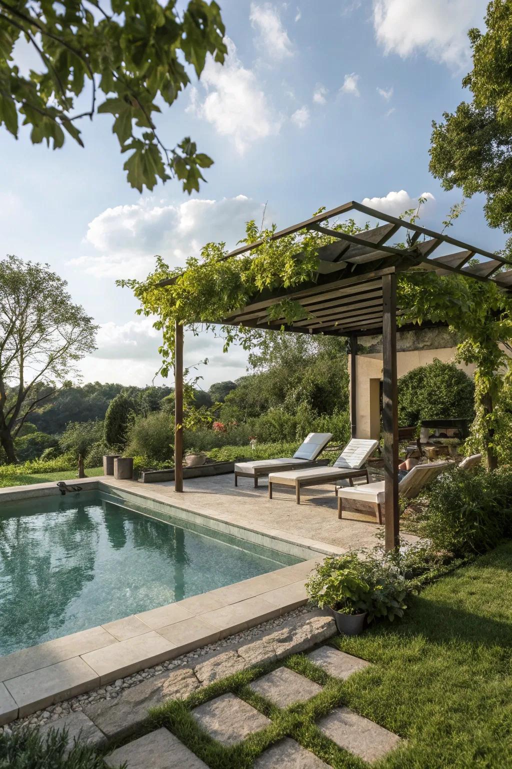 A small pergola offers shade and style to the pool area.