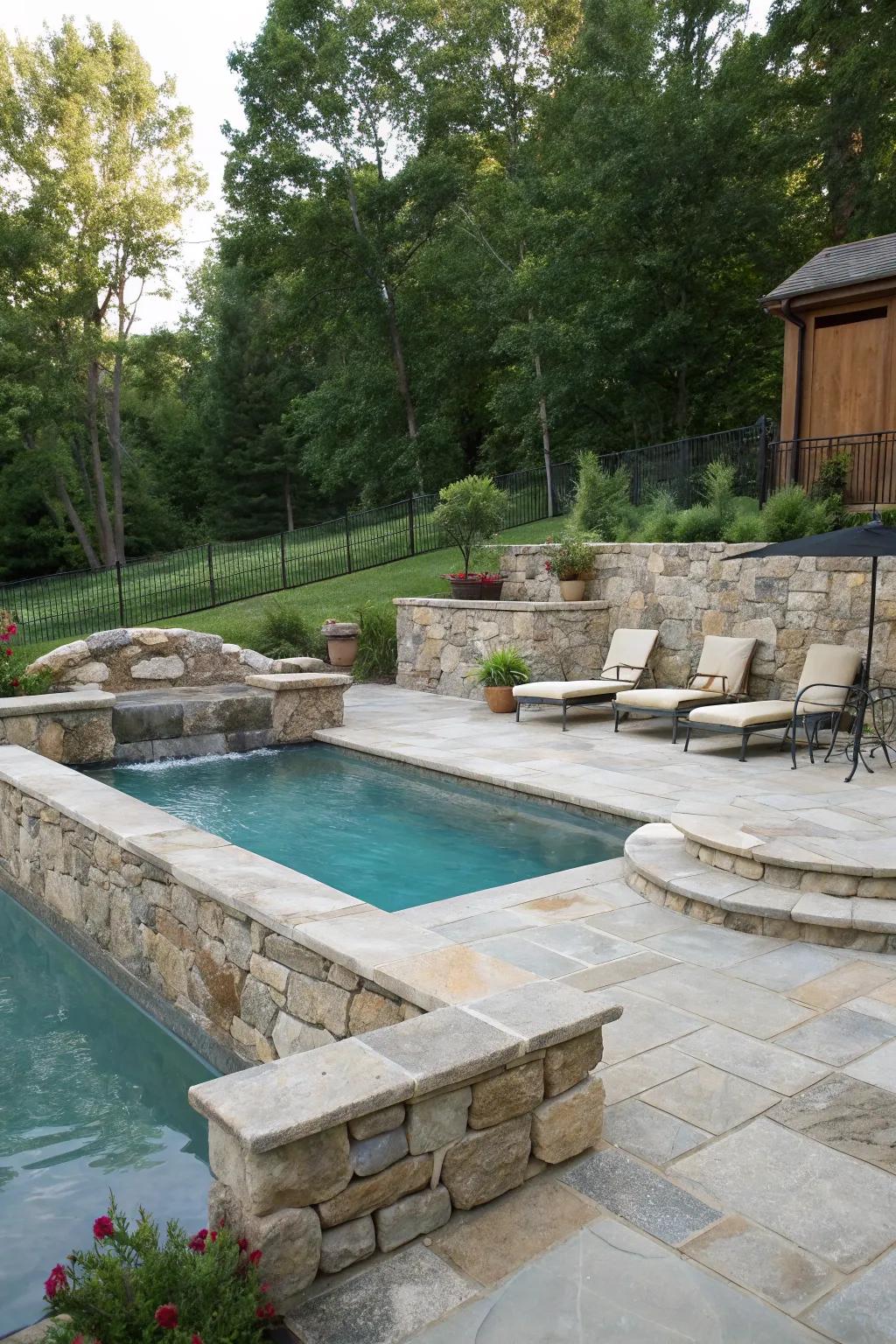 Stone retaining walls add structure and functionality to pool landscapes.