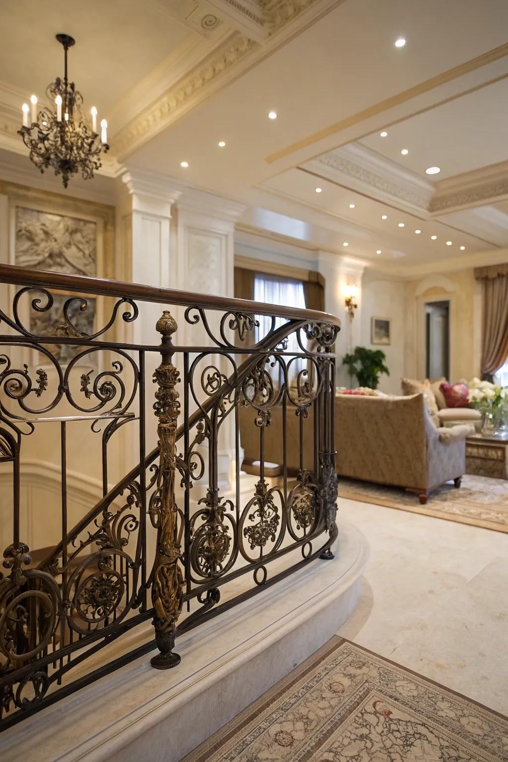 Wrought iron railings bring vintage elegance, perfect for a timeless look.