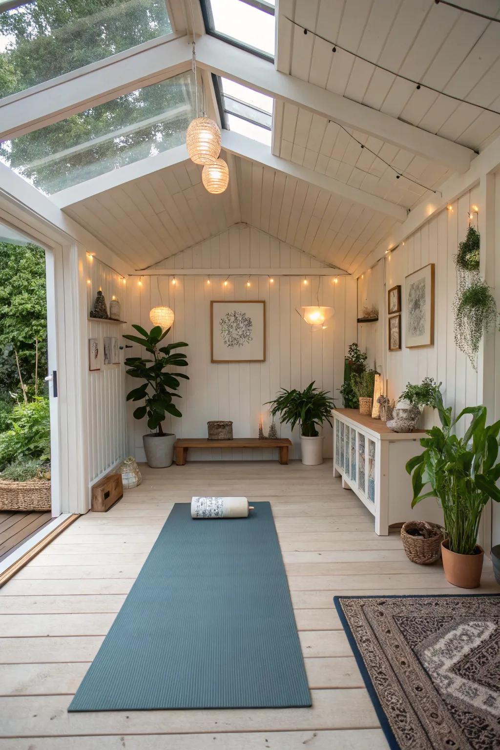 Find your zen in a personal yoga studio set up inside your garden shed.