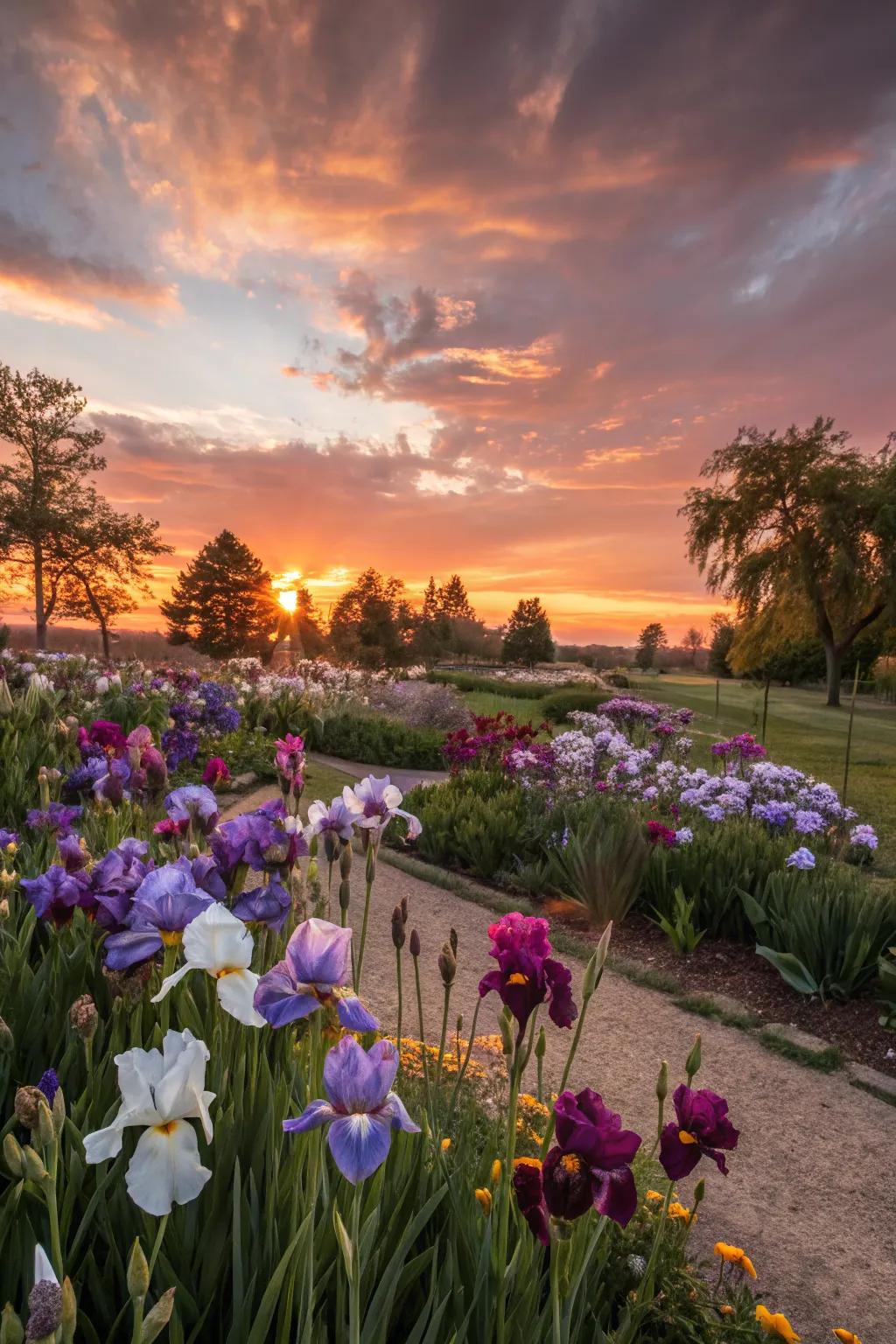 A sunset-themed iris garden bursting with color.