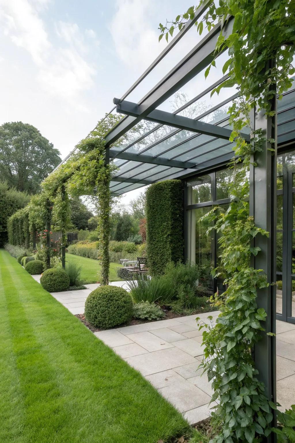 A modern steel and glass pergola for a sleek, contemporary look.