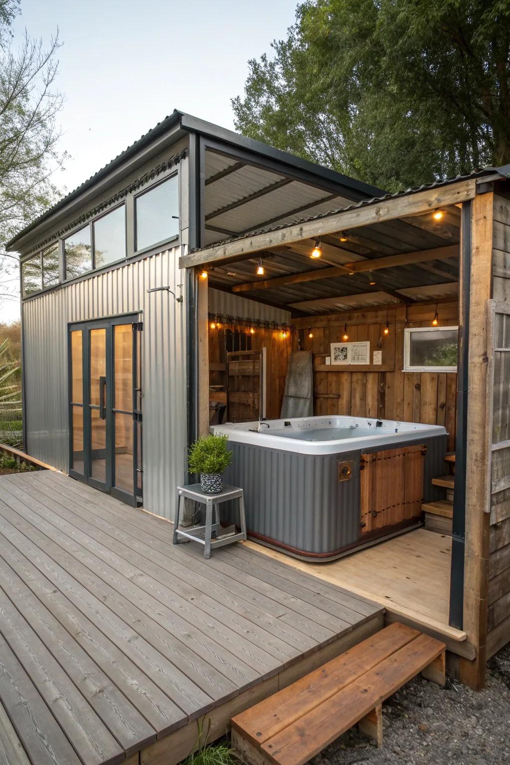 An industrial chic jacuzzi shed with contemporary flair.