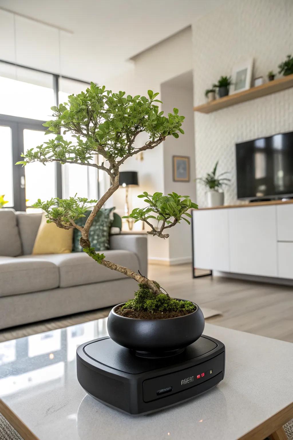 Futuristic charm with a floating jade bonsai.