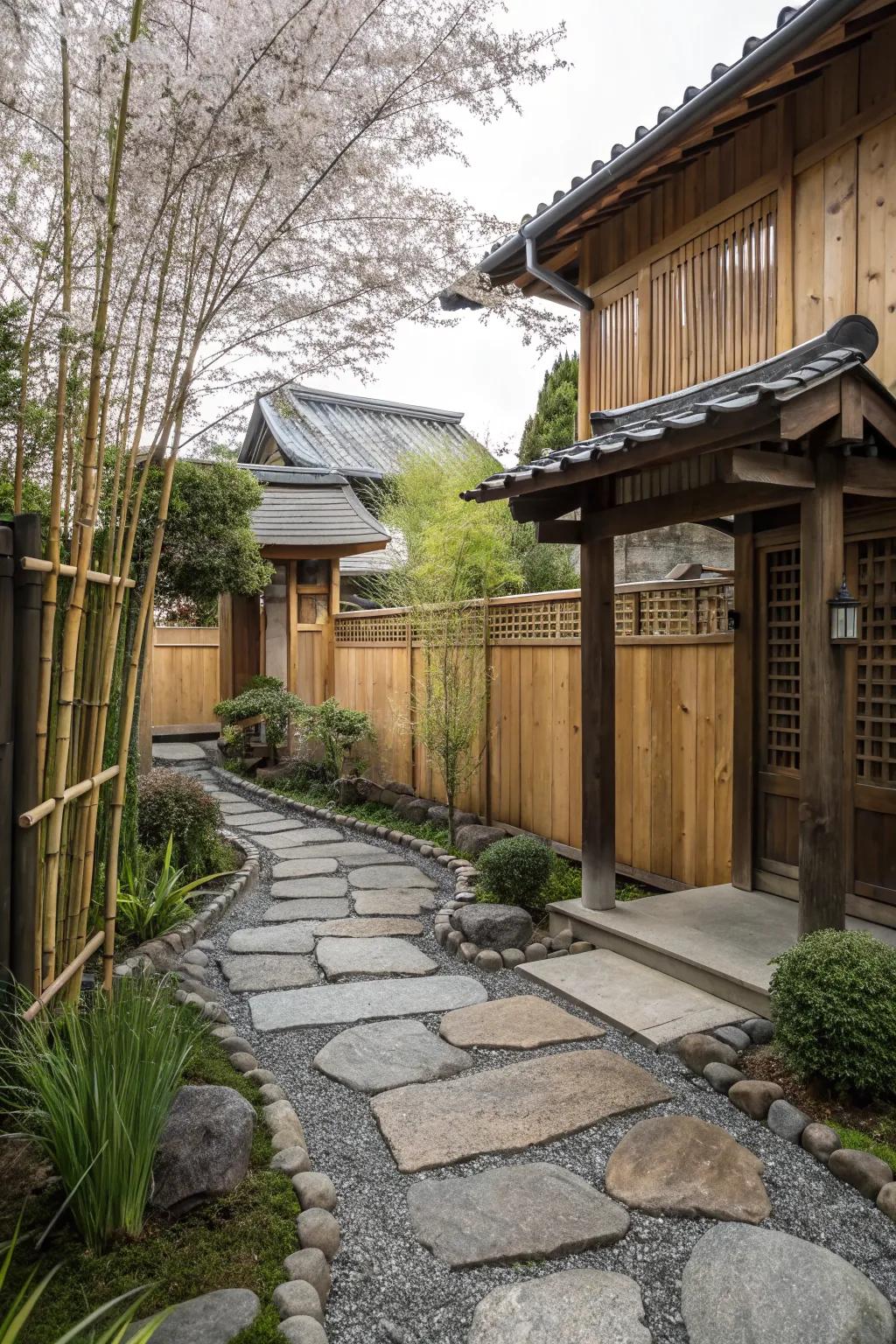 Natural materials like stone and wood enhancing the organic feel of a Japanese backyard.